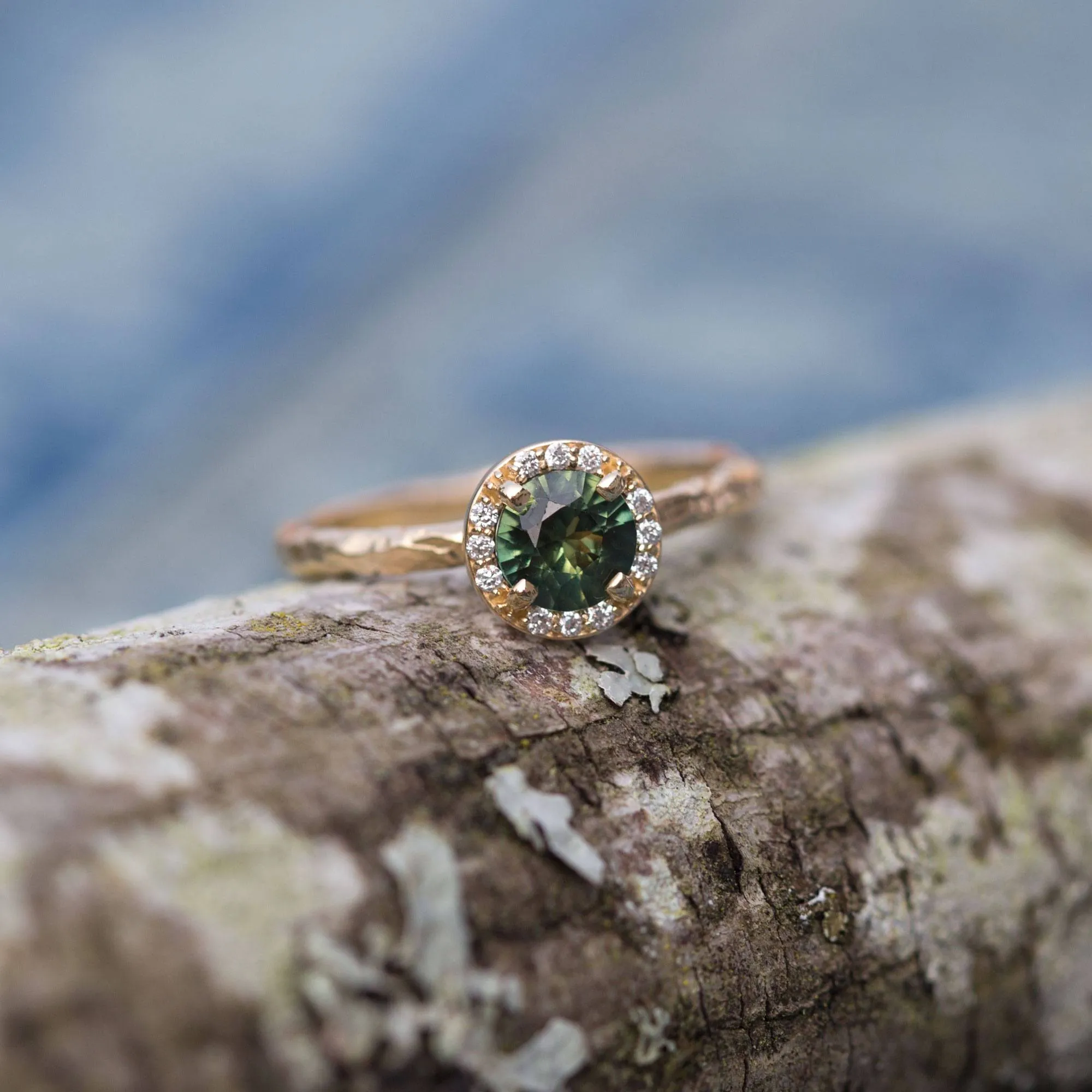 Diamond and Green Sapphire Engagement Ring in Hand Carved Recycled Yellow Gold Earthy Setting - Emerald Sapphire Engagement Ring by Anueva