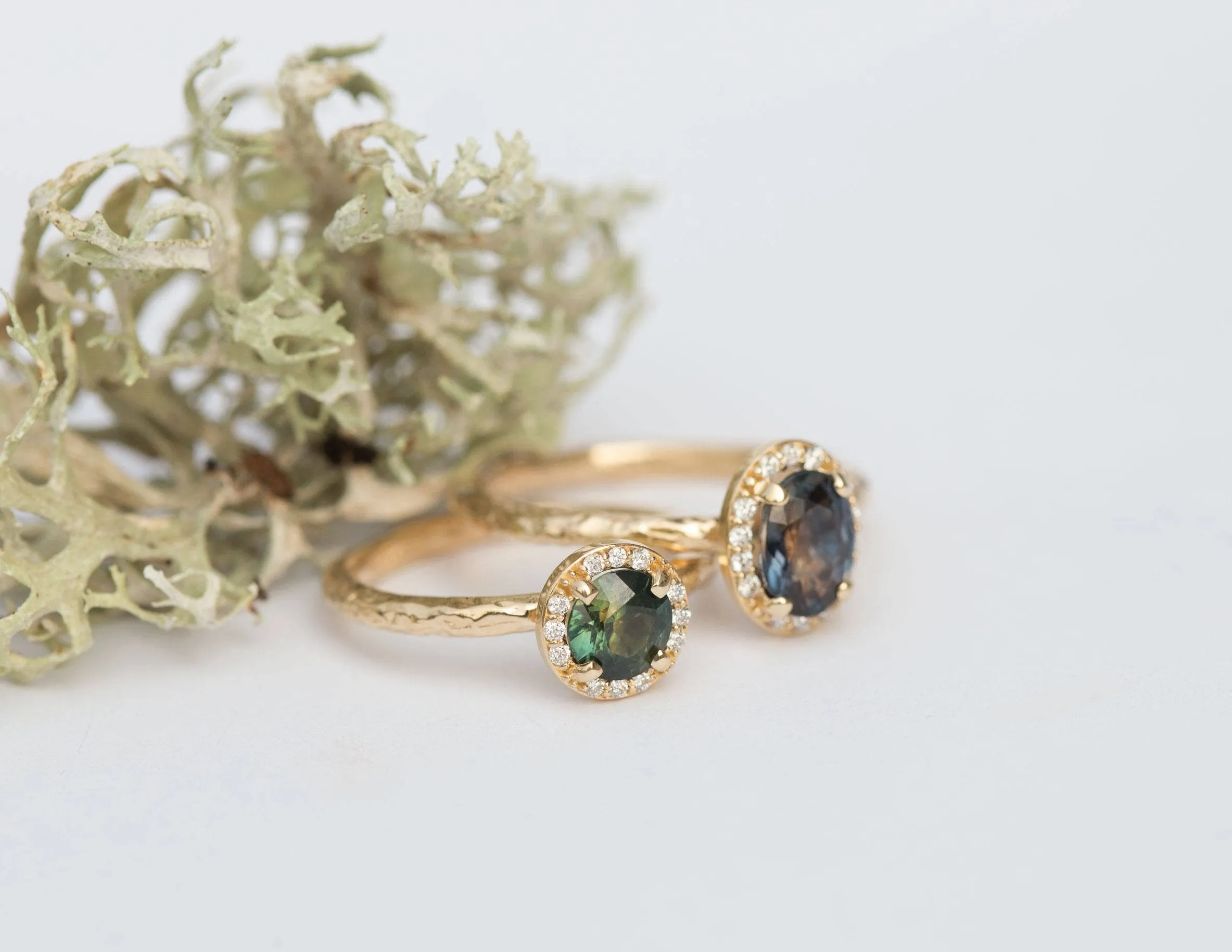 Diamond and Green Sapphire Engagement Ring in Hand Carved Recycled Yellow Gold Earthy Setting - Emerald Sapphire Engagement Ring by Anueva