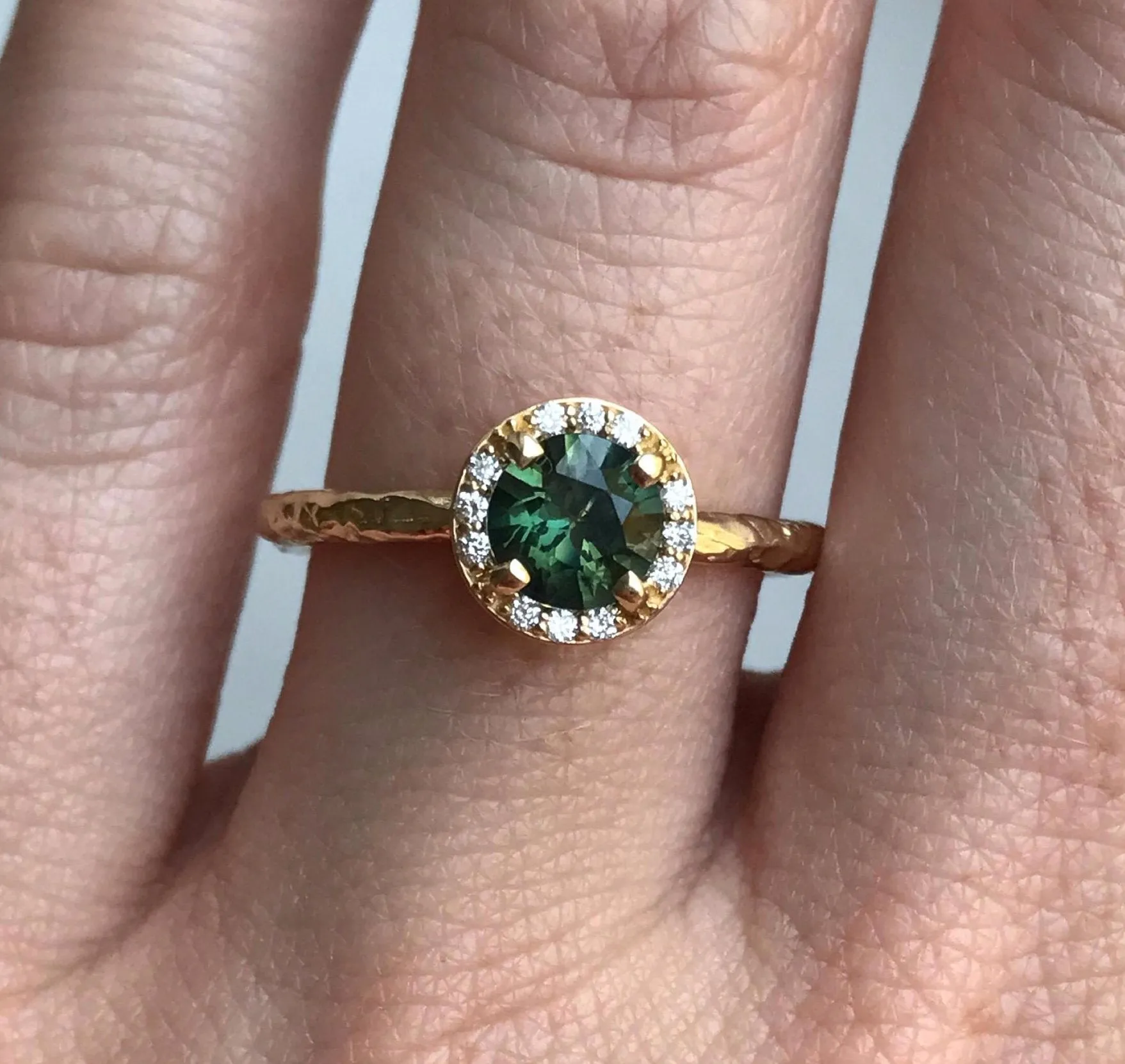 Diamond and Green Sapphire Engagement Ring in Hand Carved Recycled Yellow Gold Earthy Setting - Emerald Sapphire Engagement Ring by Anueva