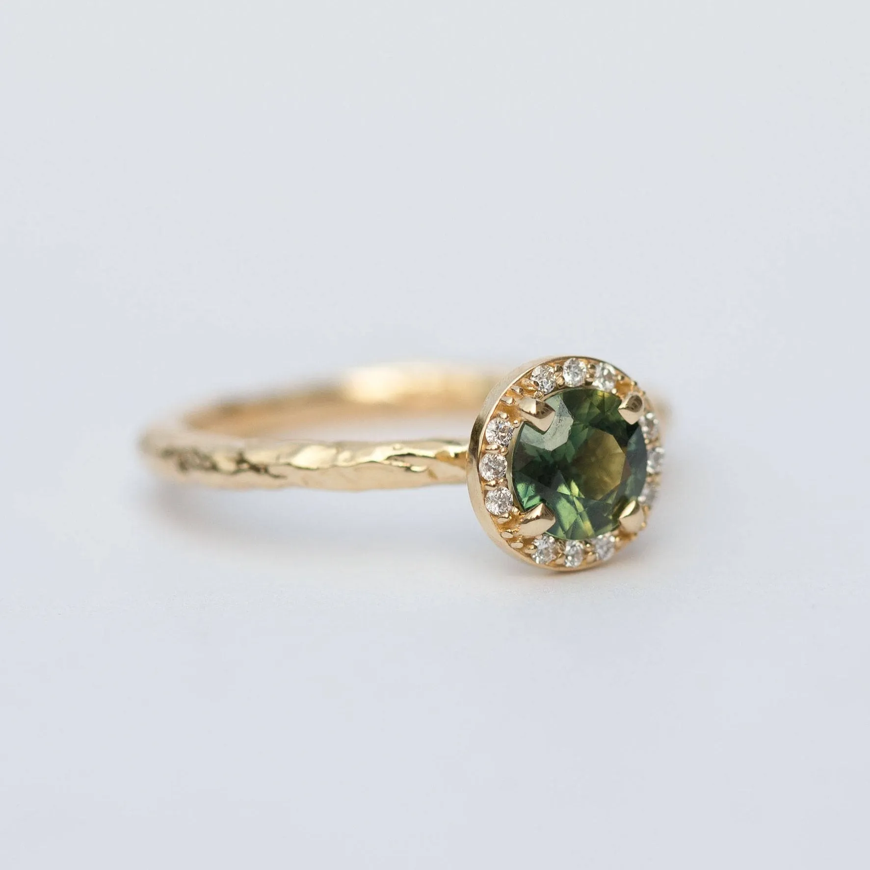 Diamond and Green Sapphire Engagement Ring in Hand Carved Recycled Yellow Gold Earthy Setting - Emerald Sapphire Engagement Ring by Anueva