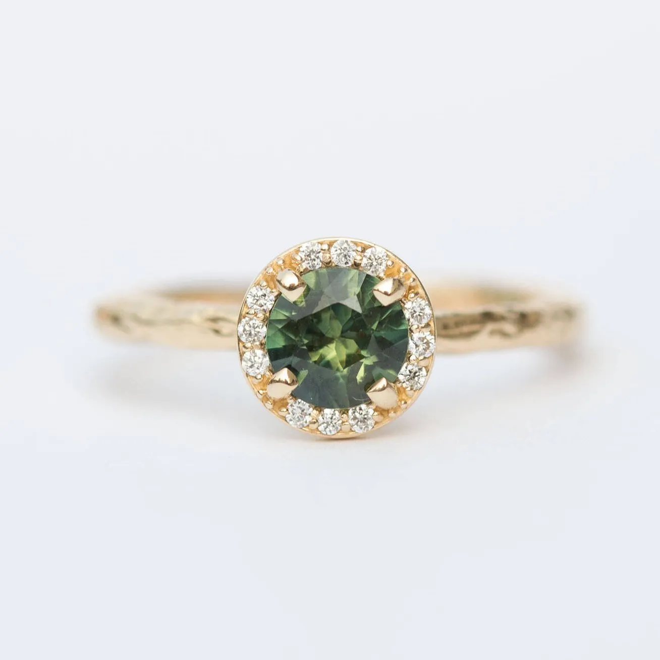 Diamond and Green Sapphire Engagement Ring in Hand Carved Recycled Yellow Gold Earthy Setting - Emerald Sapphire Engagement Ring by Anueva