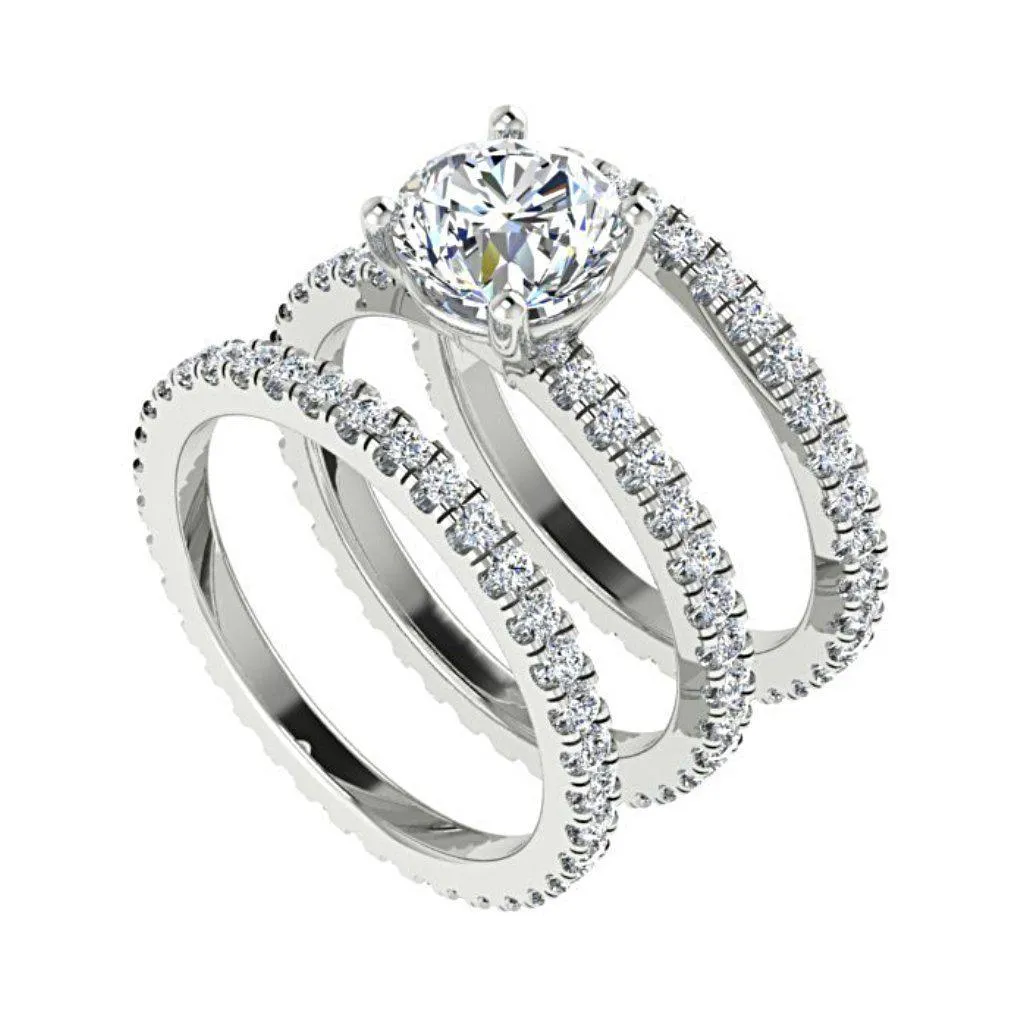 Diamond Engagement Ring and Eternity Bands Set 18K White Gold