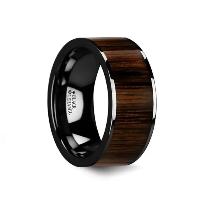 DION Flat Black Ceramic Ring Highly Polished Black Walnut Wood Inlay - 6mm - 10mm