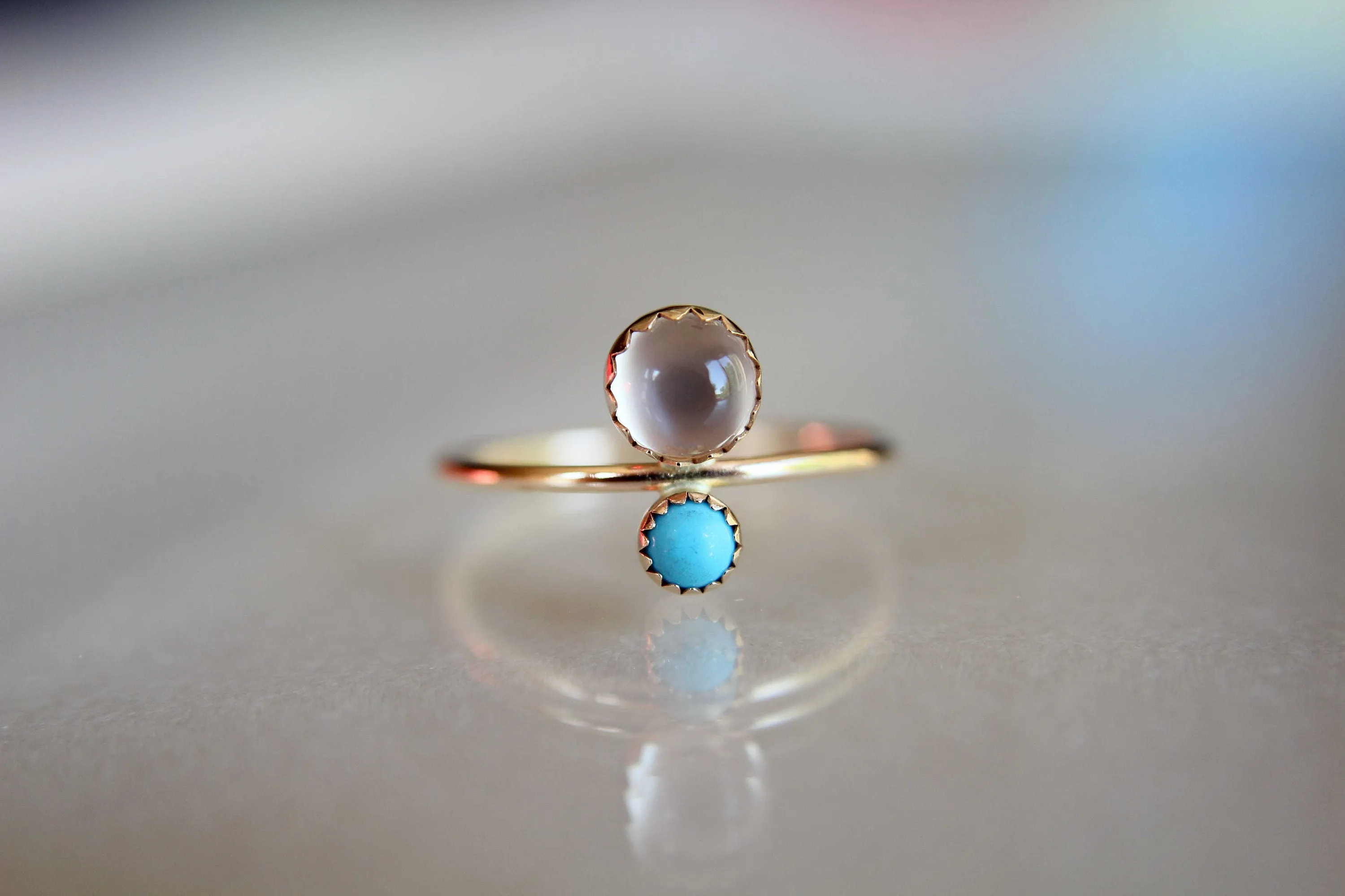 Double Gemstone Ring, Moonstone Ring, Engagement Ring, Turquoise, Dual Gemstone Ring, Gemstone Stacking Ring, White, Moonstone, Gift