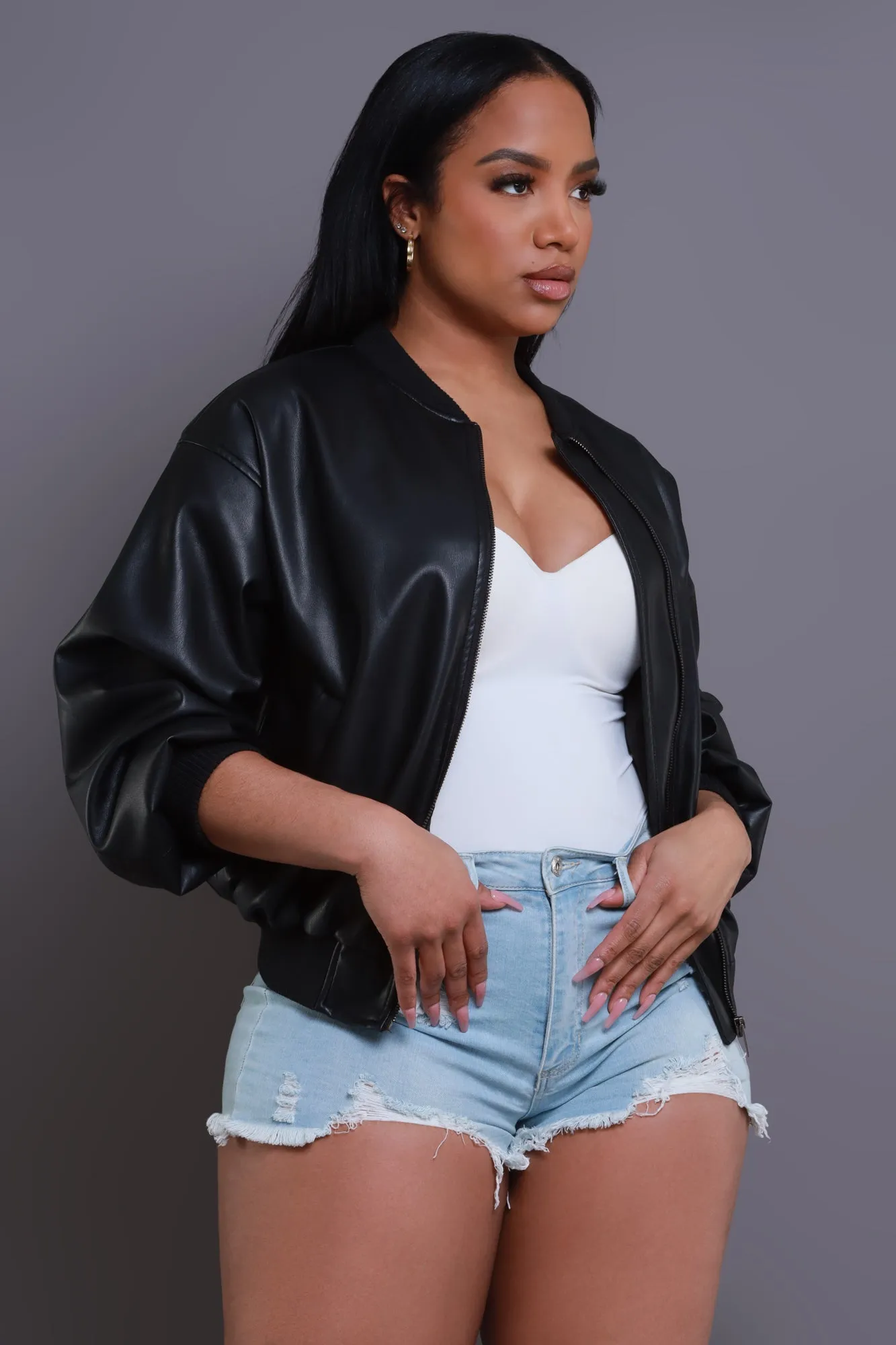 Drag Me Faux Leather Bomber Jacket - Black