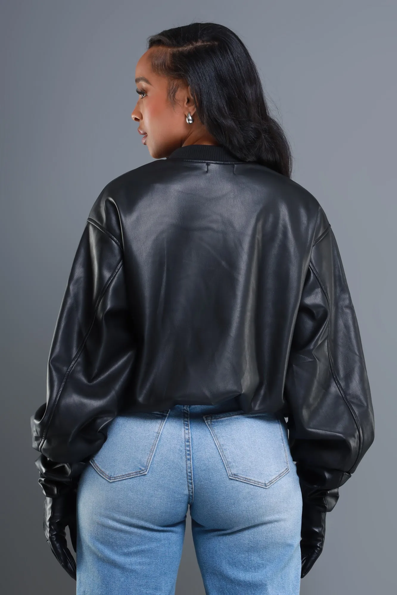 Drag Me Faux Leather Bomber Jacket - Black