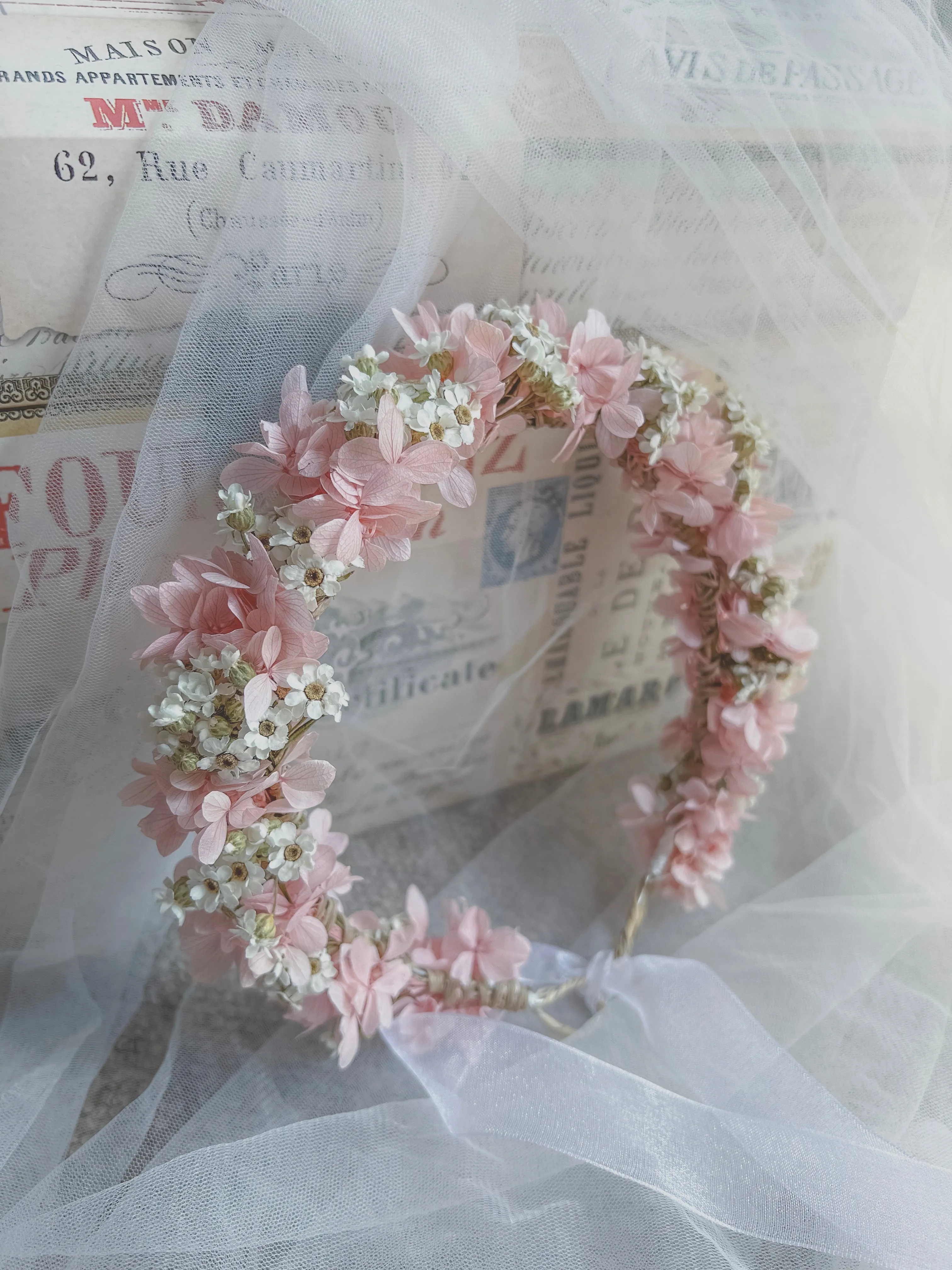 Dried Daisy Headband, Daisy and Pink Hydrangea Flower Crown, Dusty Pink Headpiece for Brides, Flower Girls Headband, Romantic Floral Tiara