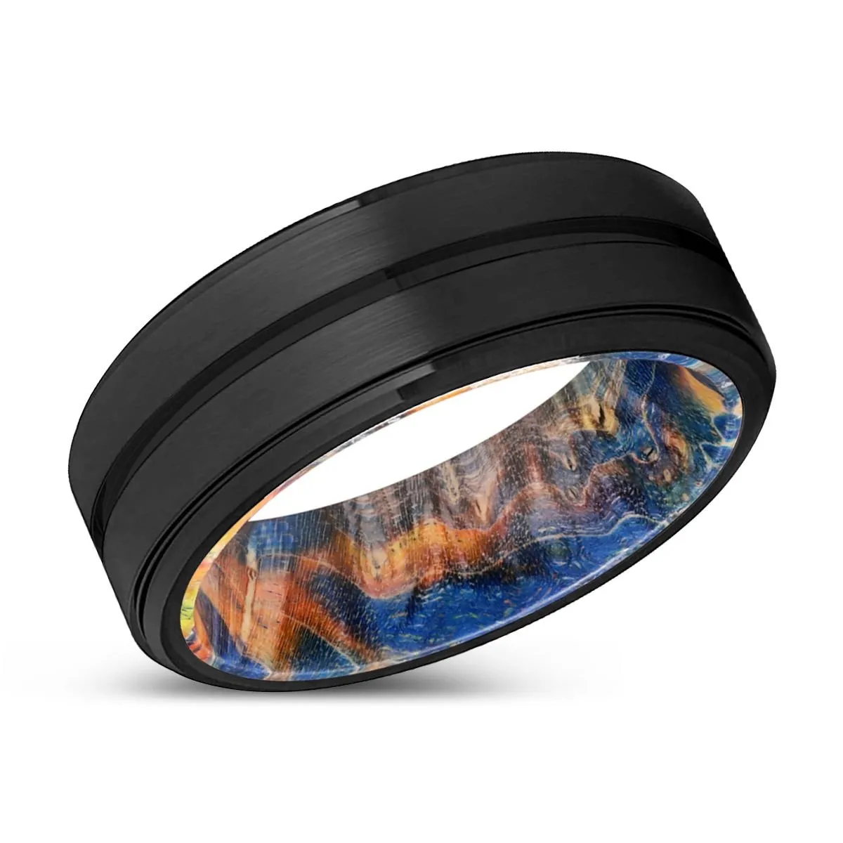 EDWIN | Blue & Yellow/Orange Wood, Black Tungsten Ring, Grooved, Stepped Edge