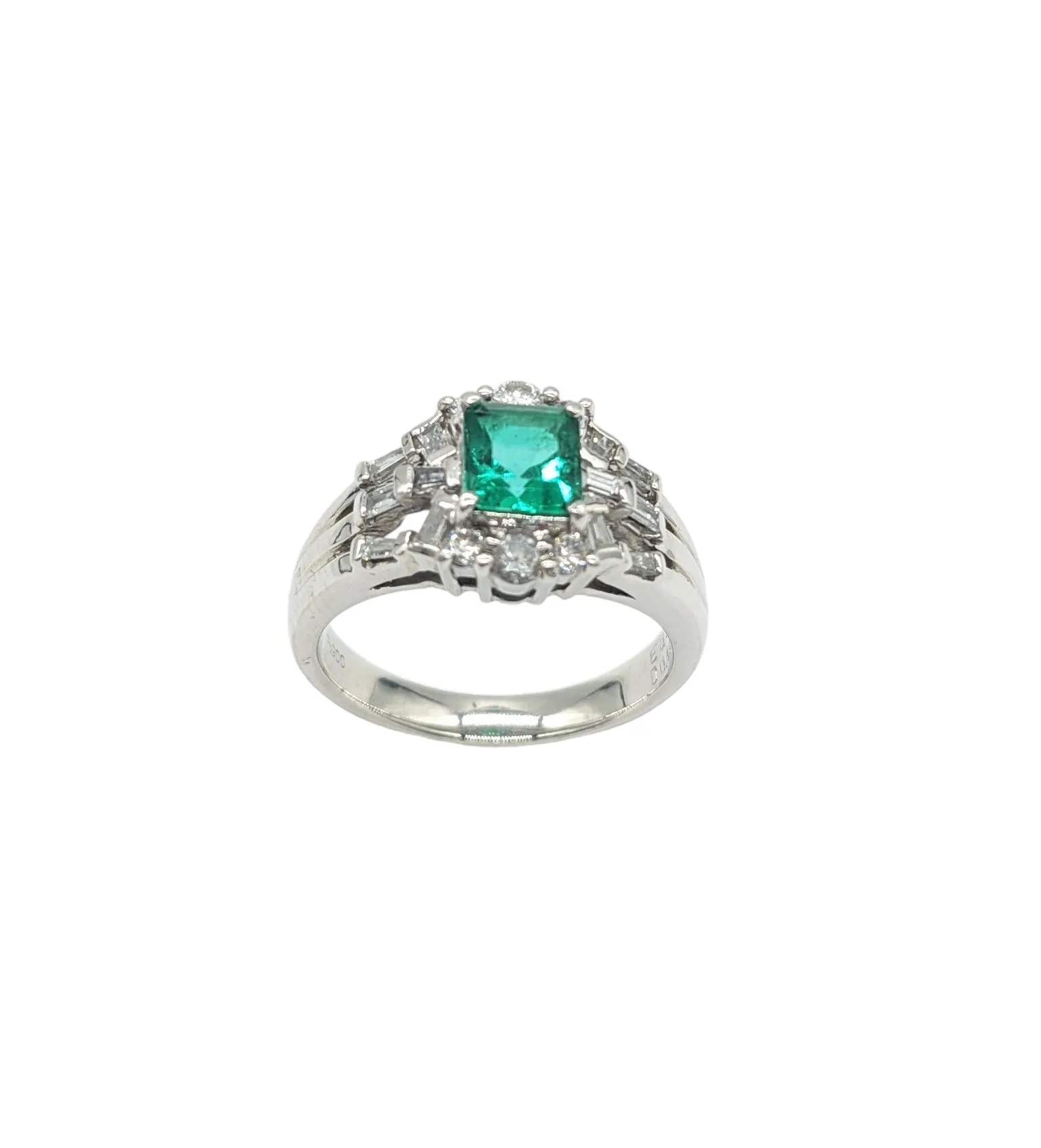 Emerald and Diamond Split Shank Platinum Ring