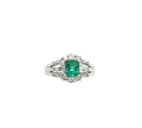 Emerald and Diamond Split Shank Platinum Ring