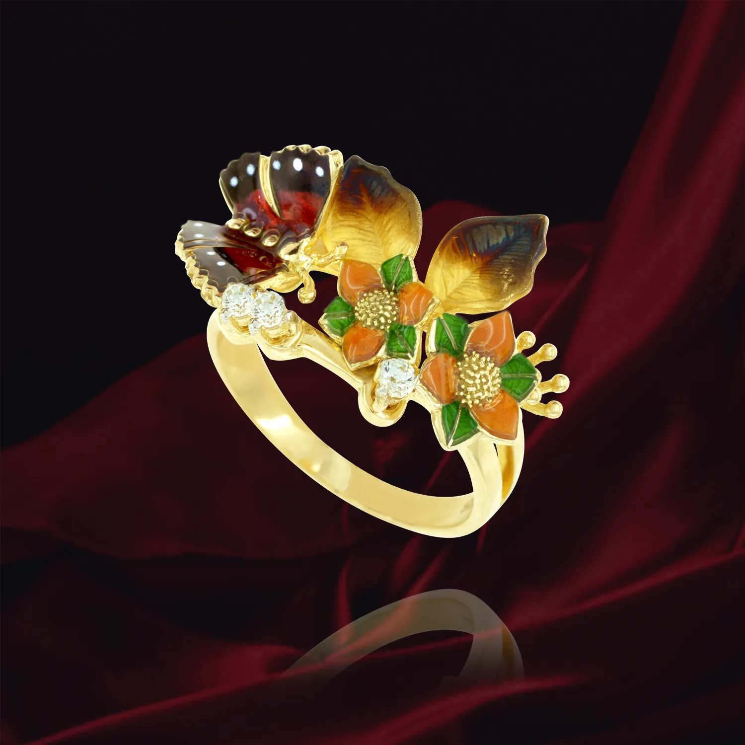 Enamel Flower and Butterfly Ring