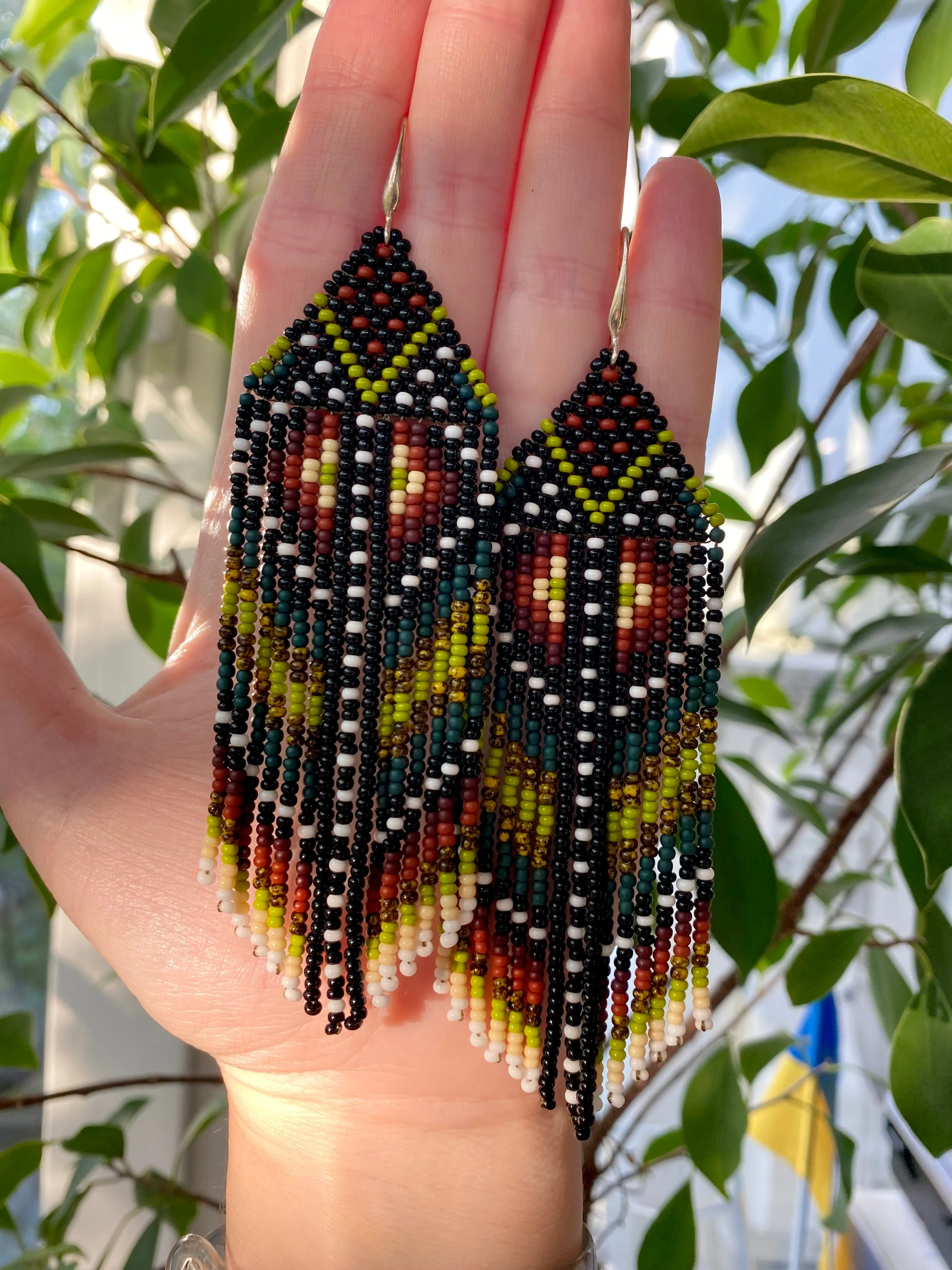 Ethnic Earthy Seed Bead Earrings, Colorful Fringe Chandelier earrings, Indigenous Earrings Native inspired, Long Dangle Boho Hippie Earring