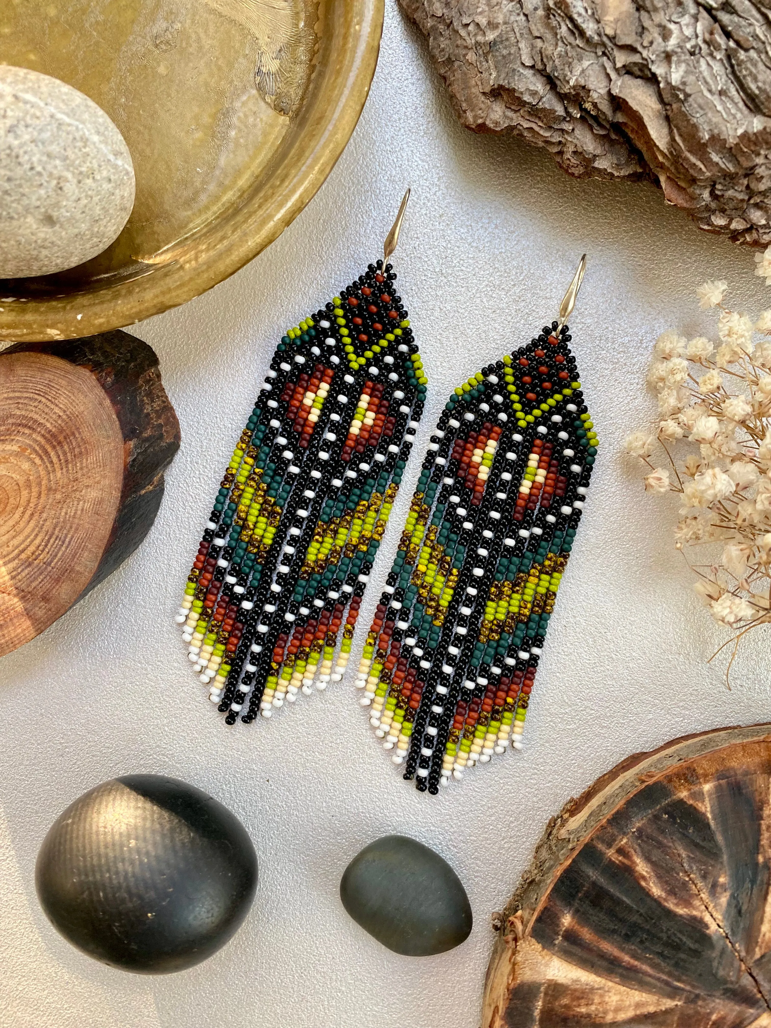 Ethnic Earthy Seed Bead Earrings, Colorful Fringe Chandelier earrings, Indigenous Earrings Native inspired, Long Dangle Boho Hippie Earring