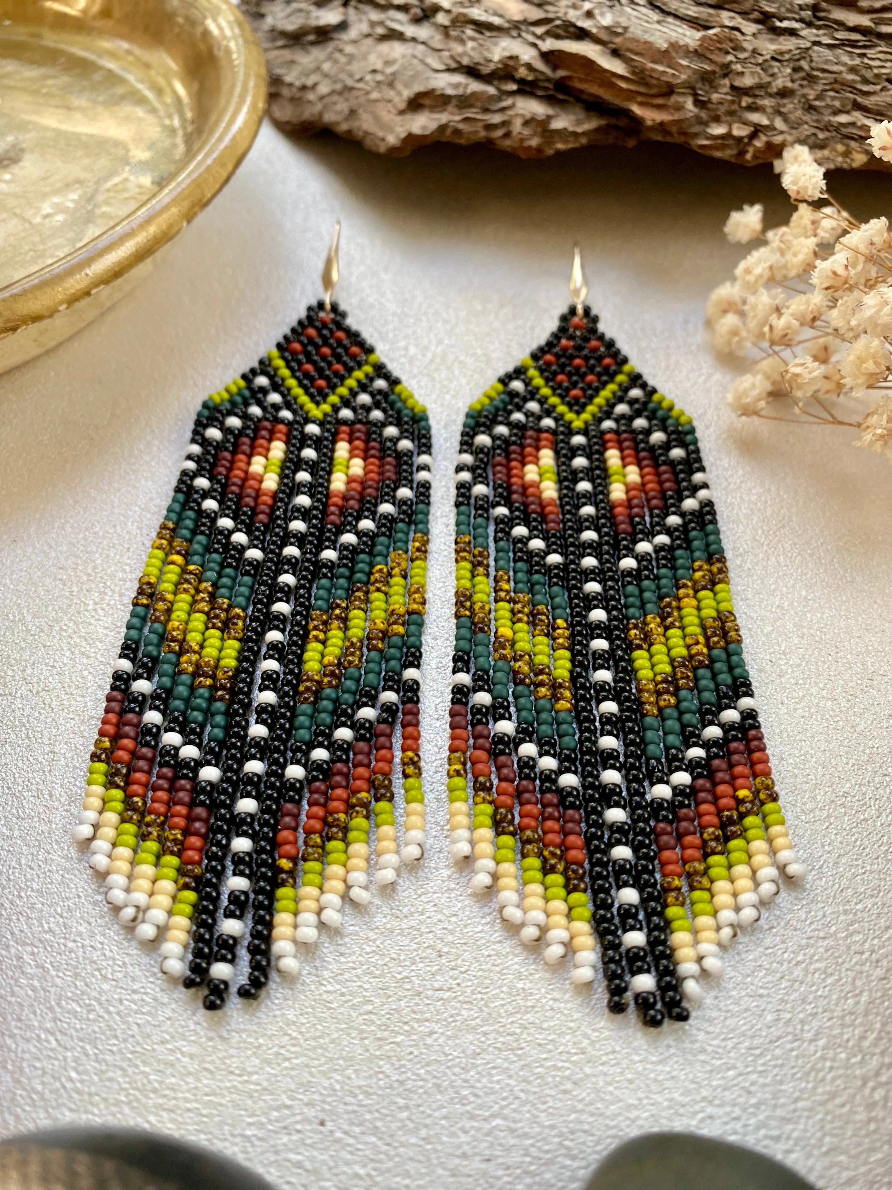 Ethnic Earthy Seed Bead Earrings, Colorful Fringe Chandelier earrings, Indigenous Earrings Native inspired, Long Dangle Boho Hippie Earring