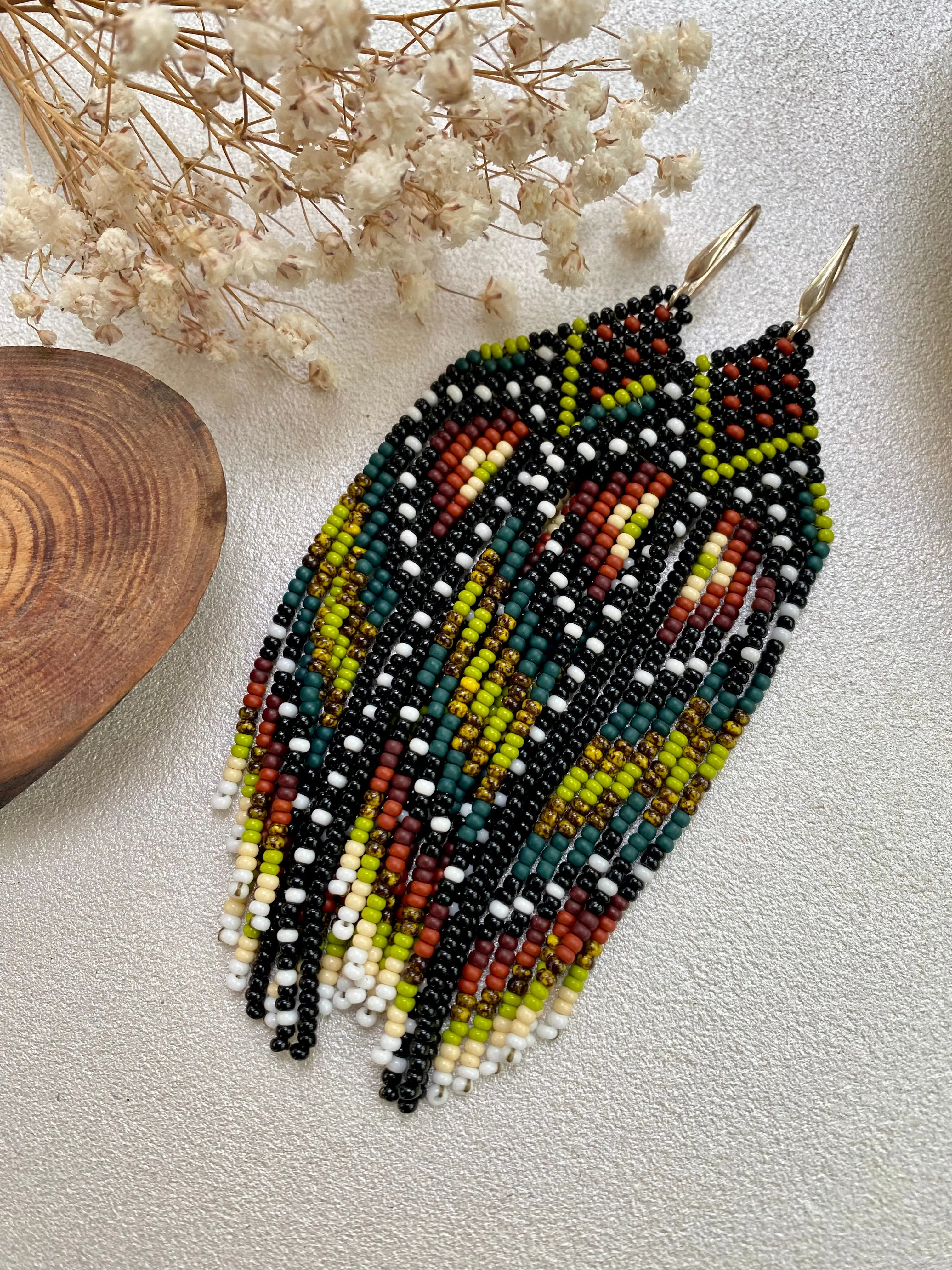 Ethnic Earthy Seed Bead Earrings, Colorful Fringe Chandelier earrings, Indigenous Earrings Native inspired, Long Dangle Boho Hippie Earring