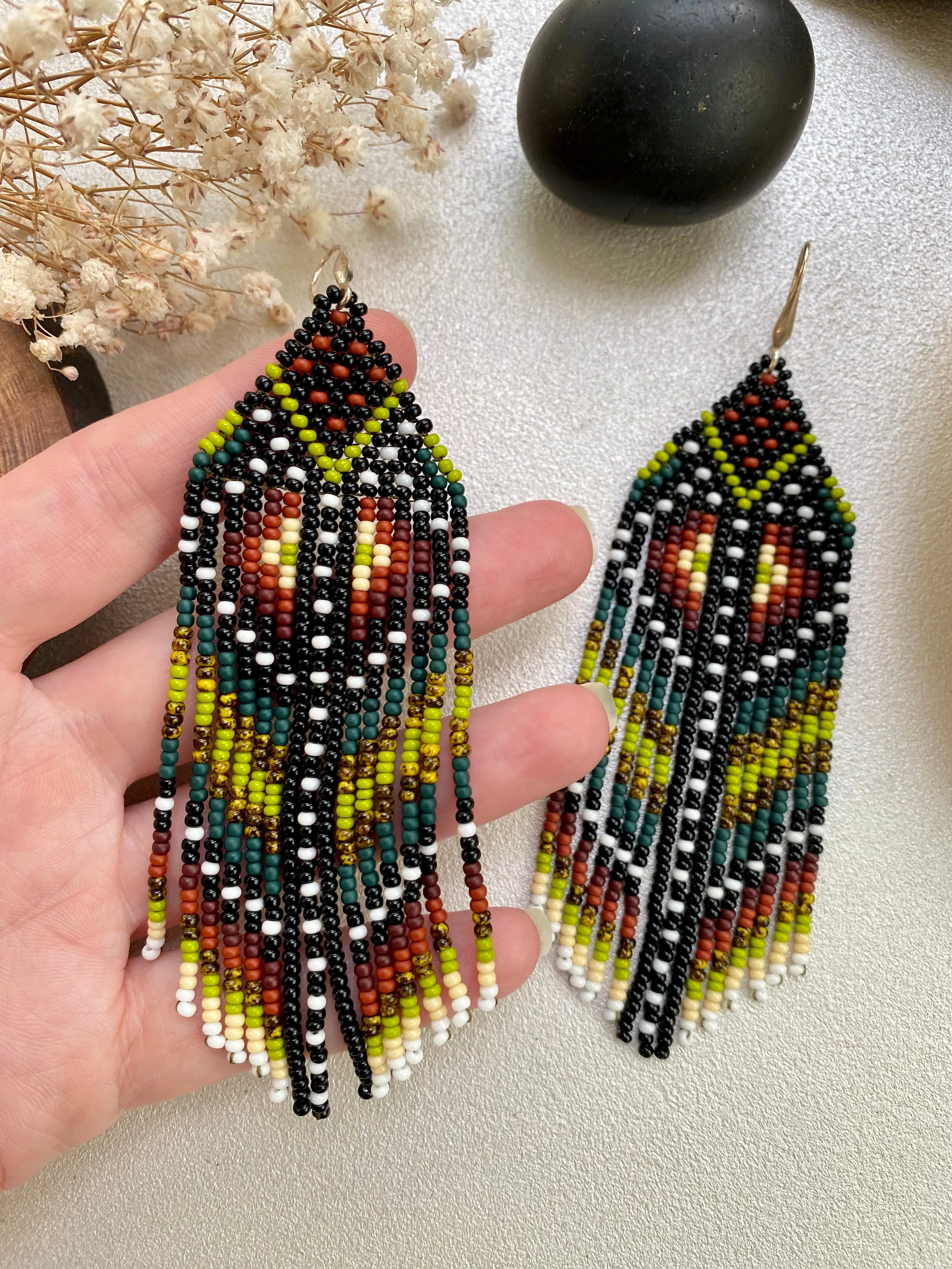 Ethnic Earthy Seed Bead Earrings, Colorful Fringe Chandelier earrings, Indigenous Earrings Native inspired, Long Dangle Boho Hippie Earring