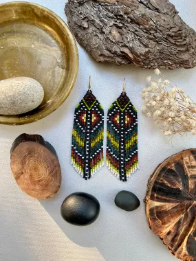 Ethnic Earthy Seed Bead Earrings, Colorful Fringe Chandelier earrings, Indigenous Earrings Native inspired, Long Dangle Boho Hippie Earring