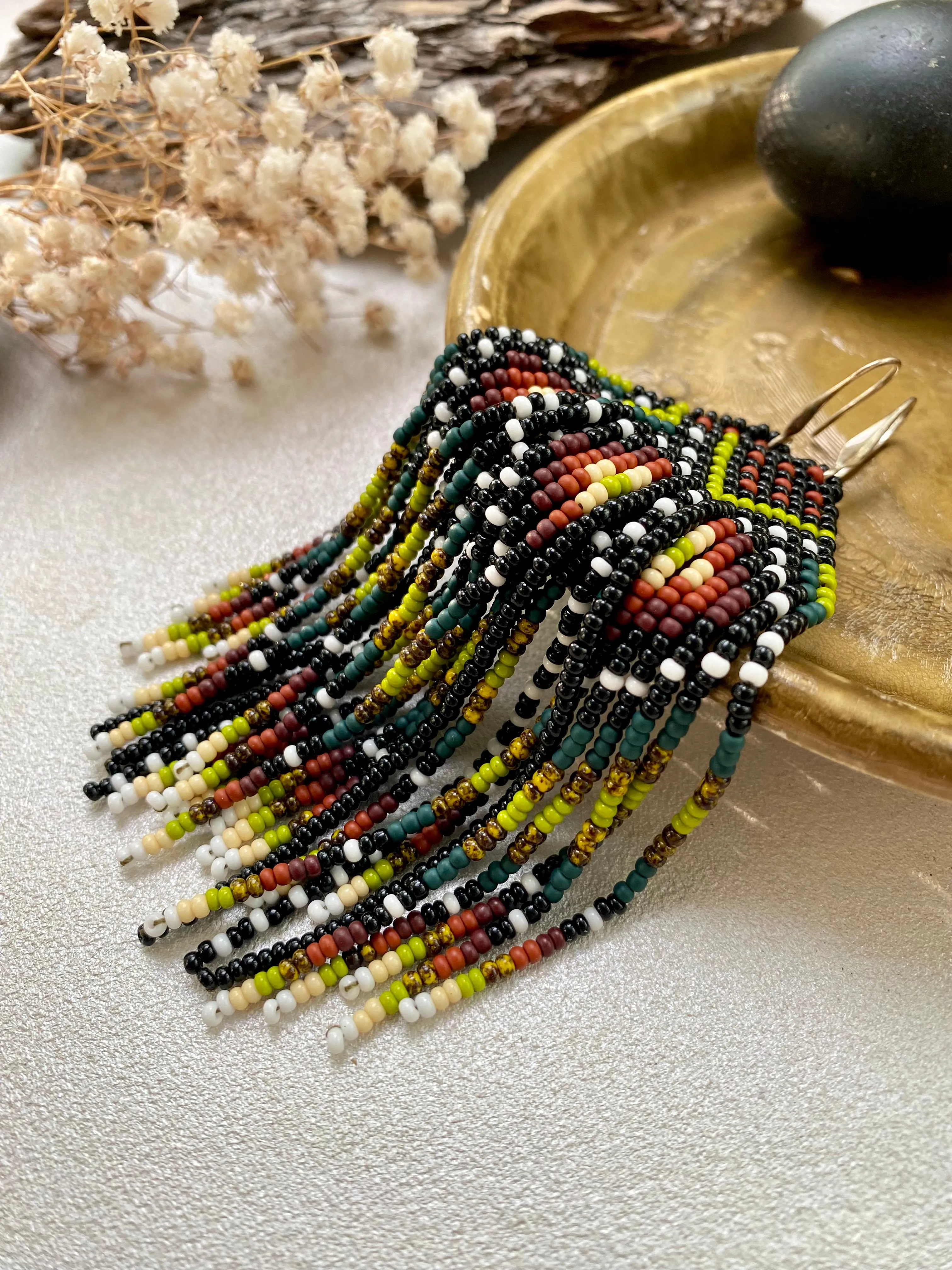 Ethnic Earthy Seed Bead Earrings, Colorful Fringe Chandelier earrings, Indigenous Earrings Native inspired, Long Dangle Boho Hippie Earring