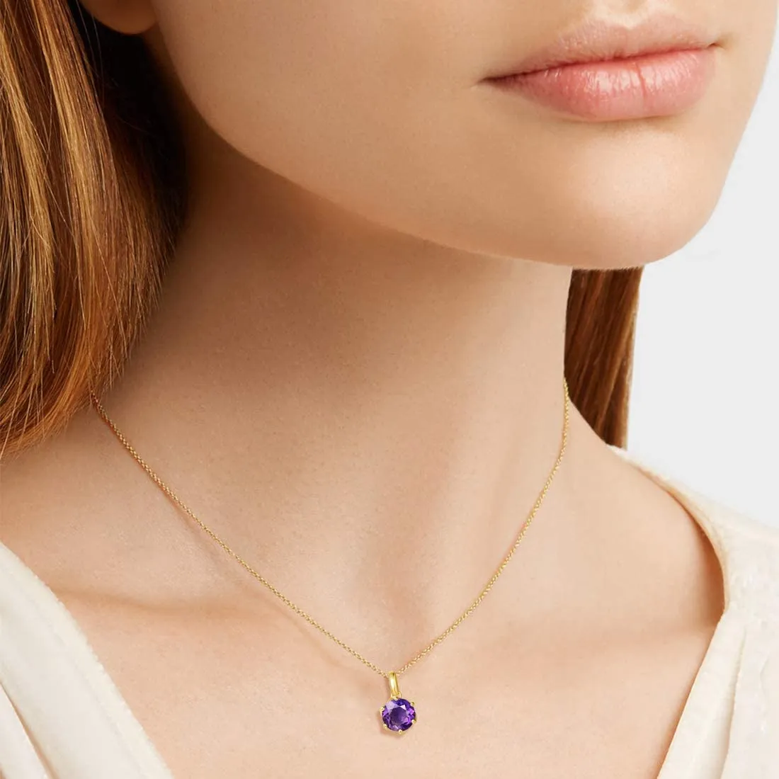 FANCIME Genuine Amethyst Solitaire 14K Yellow Gold Necklace