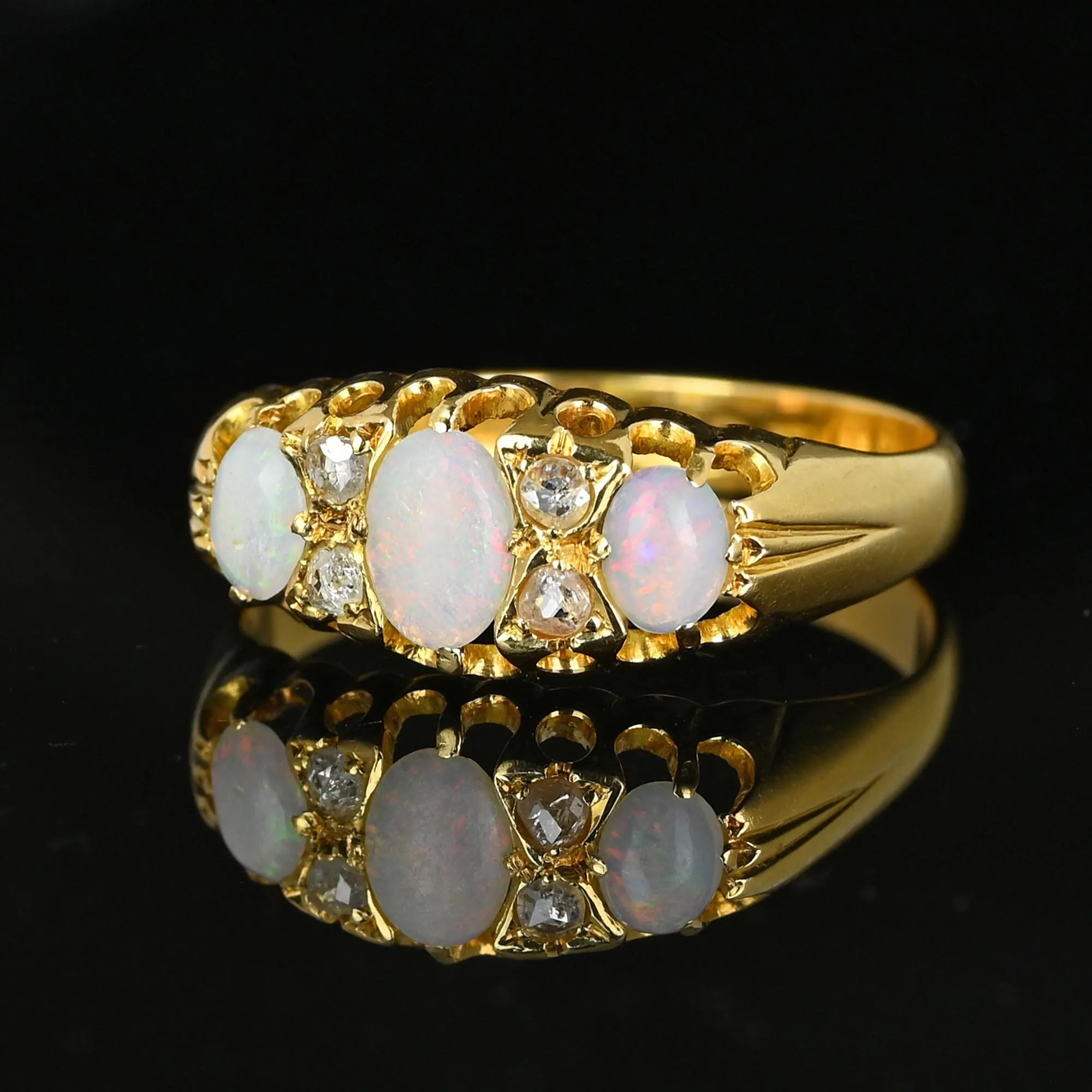 Fine 18K Gold Rose Cut Diamond Three Stone Opal Ring Band