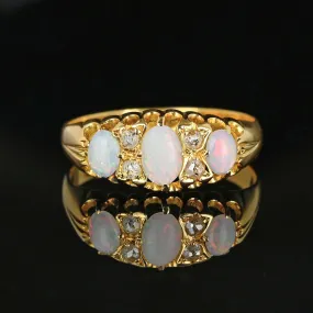 Fine 18K Gold Rose Cut Diamond Three Stone Opal Ring Band