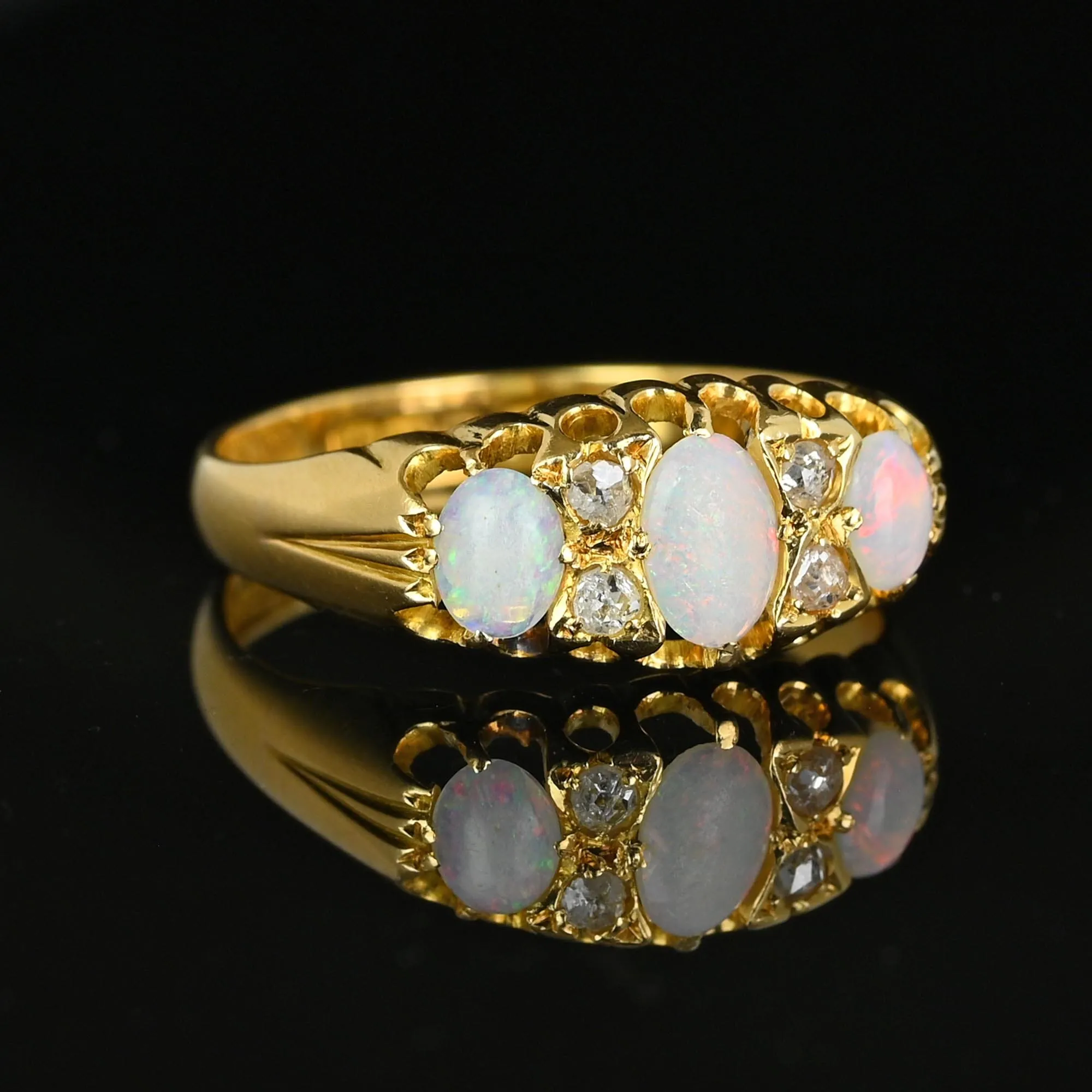 Fine 18K Gold Rose Cut Diamond Three Stone Opal Ring Band