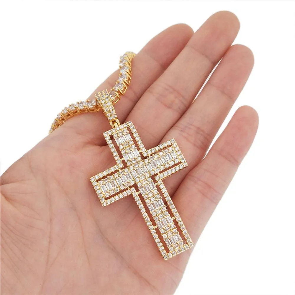 Floating Baguette Cross Iced Out Pendant in White / Yellow Gold