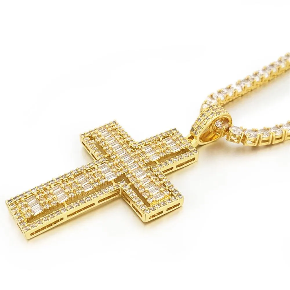 Floating Baguette Cross Iced Out Pendant in White / Yellow Gold