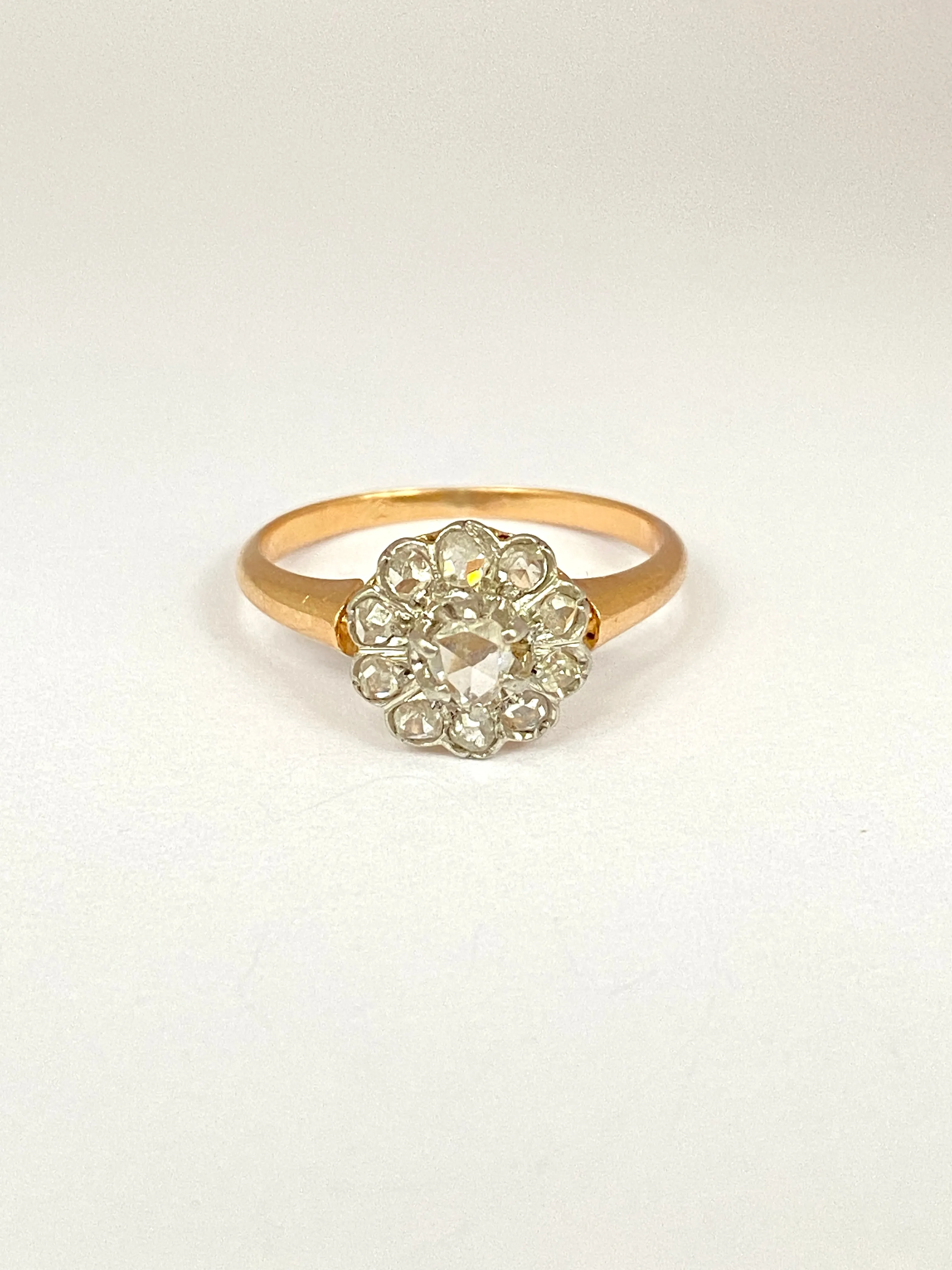 French, Art Deco, Rose Cut Diamond Target / Flower Ring, Hallmarked 18ct Gold, Circa 1940