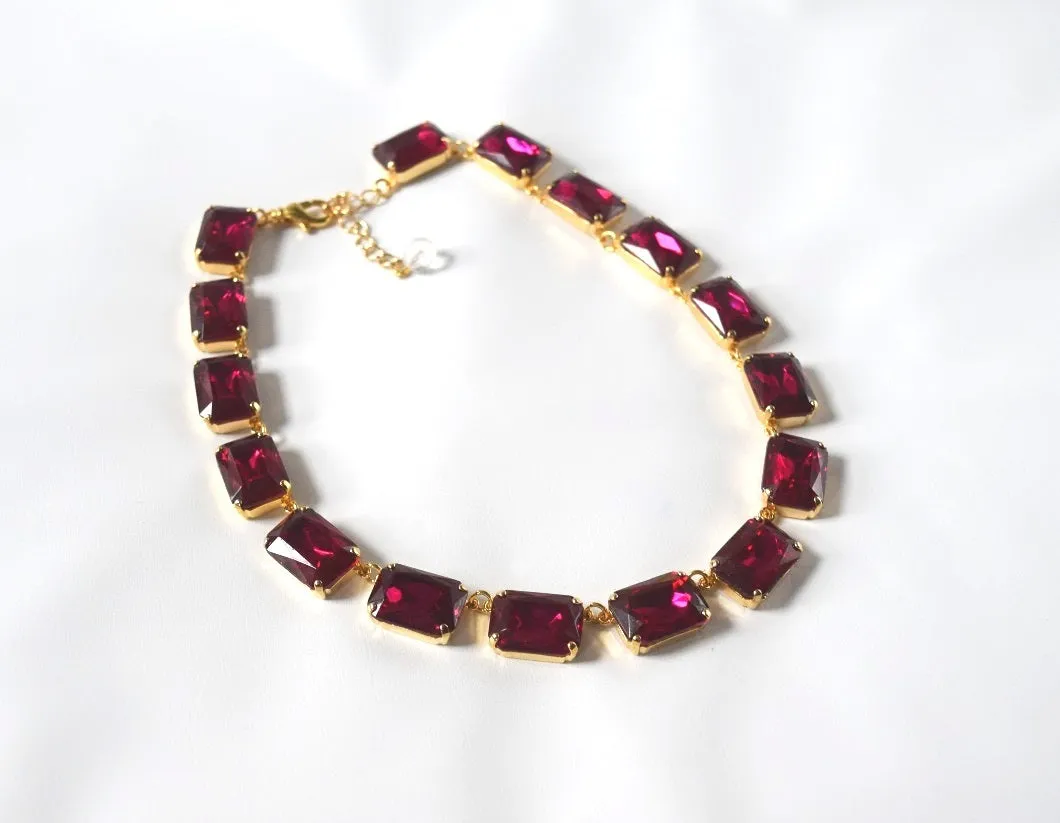 Fuchsia Pink Crystal Collet Necklace | Large Octagon Riviere