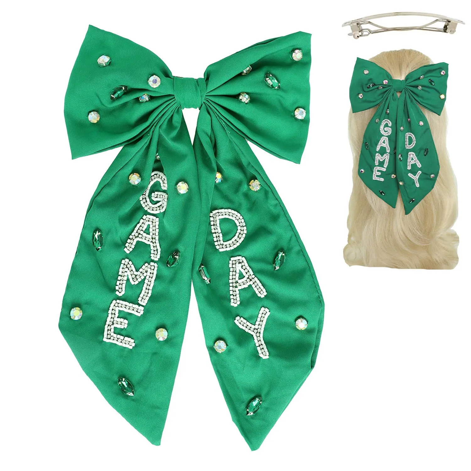 Game Day Bead Gemstone Bow Barrette Hair Clip : Green & White