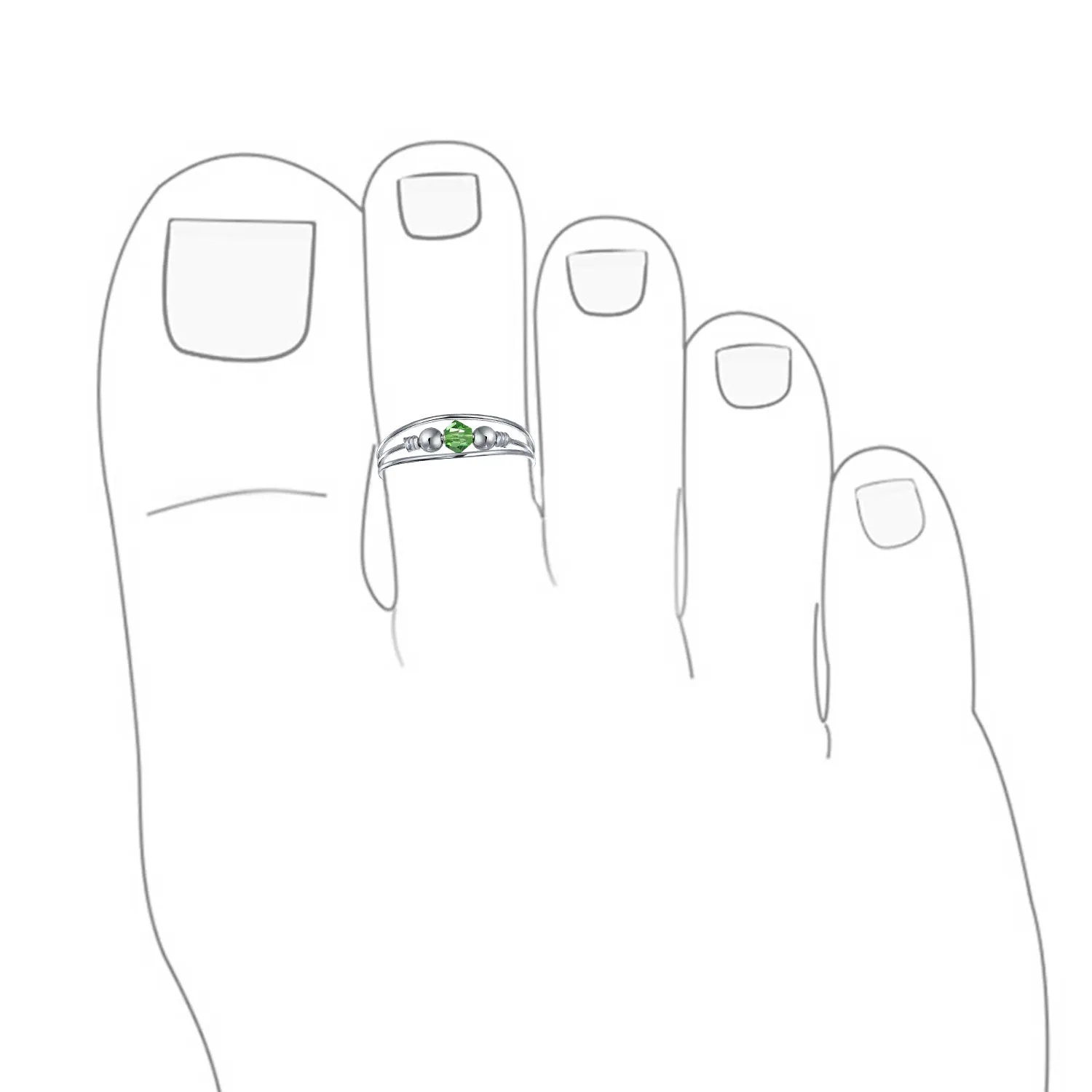 Geometric Boho Green Crystal Bead Midi Toe Ring Silver Band