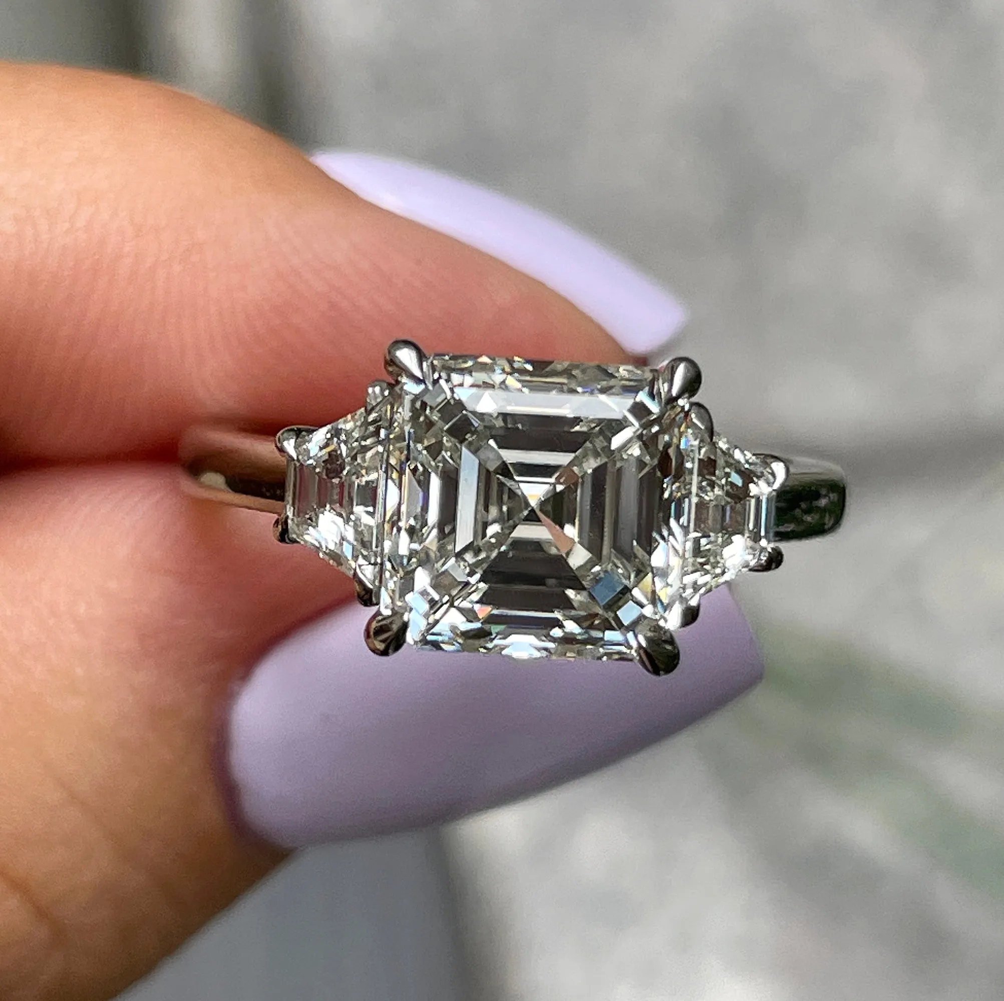 GIA 3.47ct Asscher Cut Diamond 3 Stone Engagement Wedding Platinum Ring