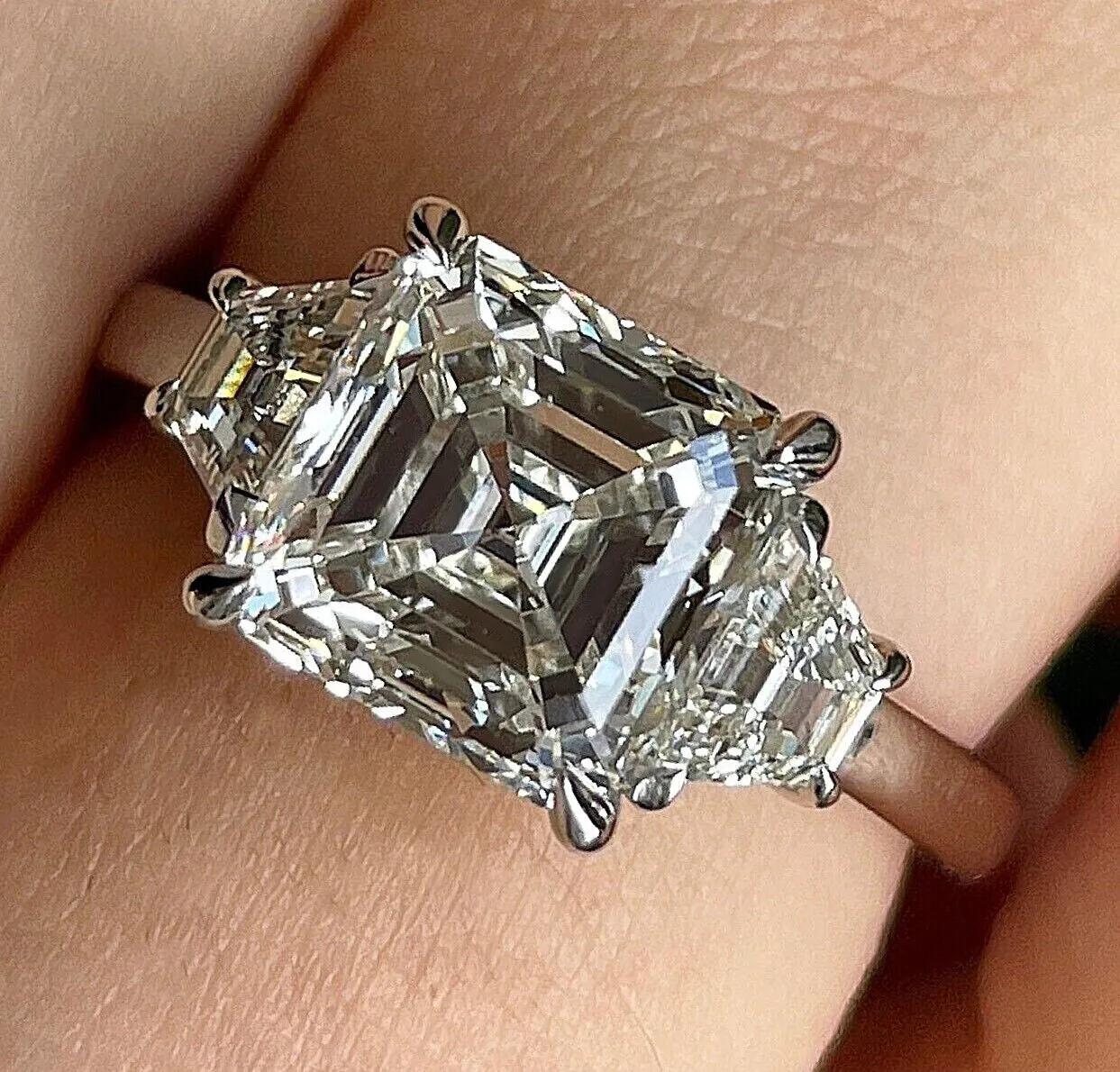 GIA 3.47ct Asscher Cut Diamond 3 Stone Engagement Wedding Platinum Ring