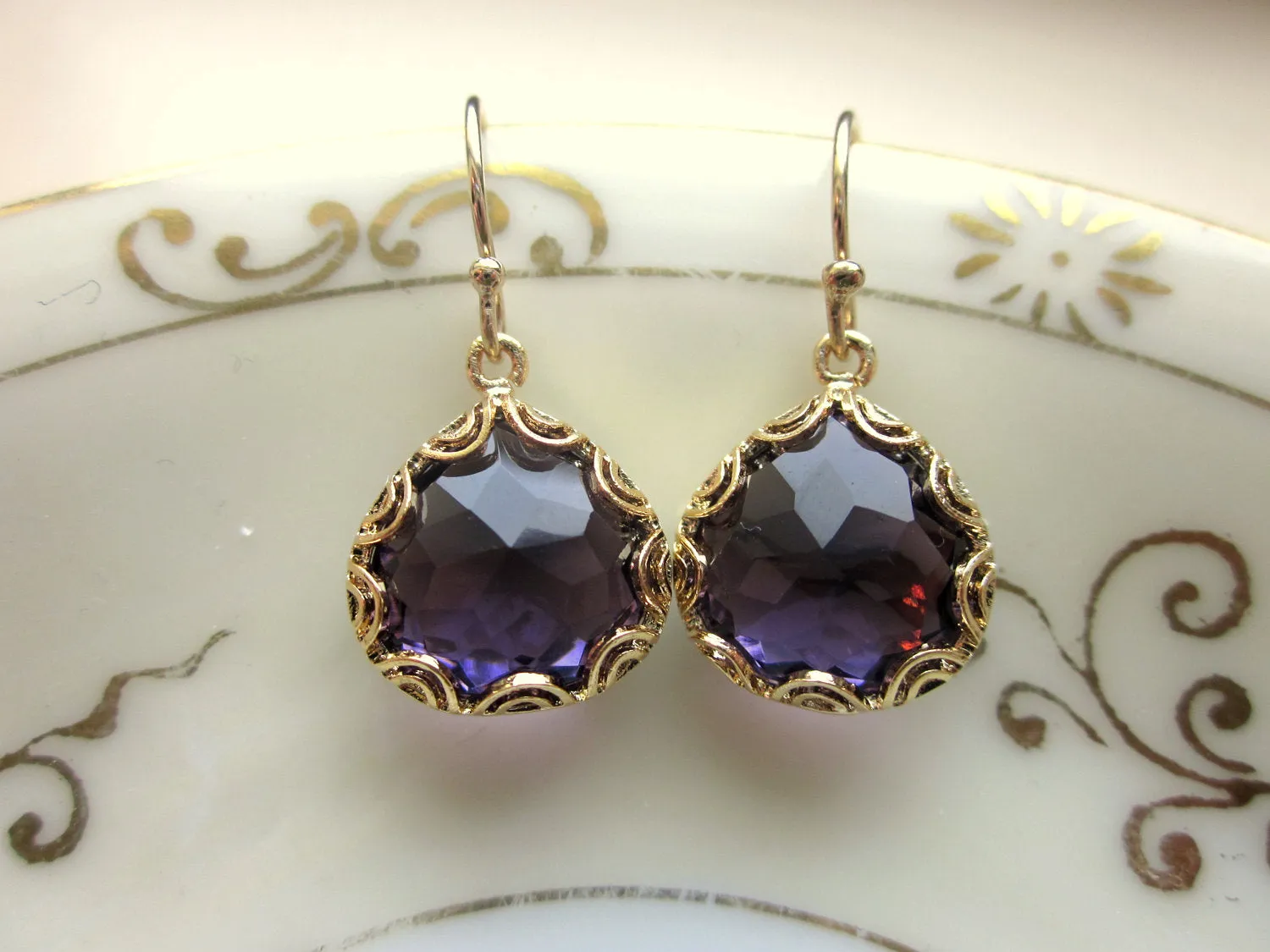 Gold Amethyst Earrings Purple - Pear Shape with Gold Design - Bridesmaid Earrings - Wedding Earrings