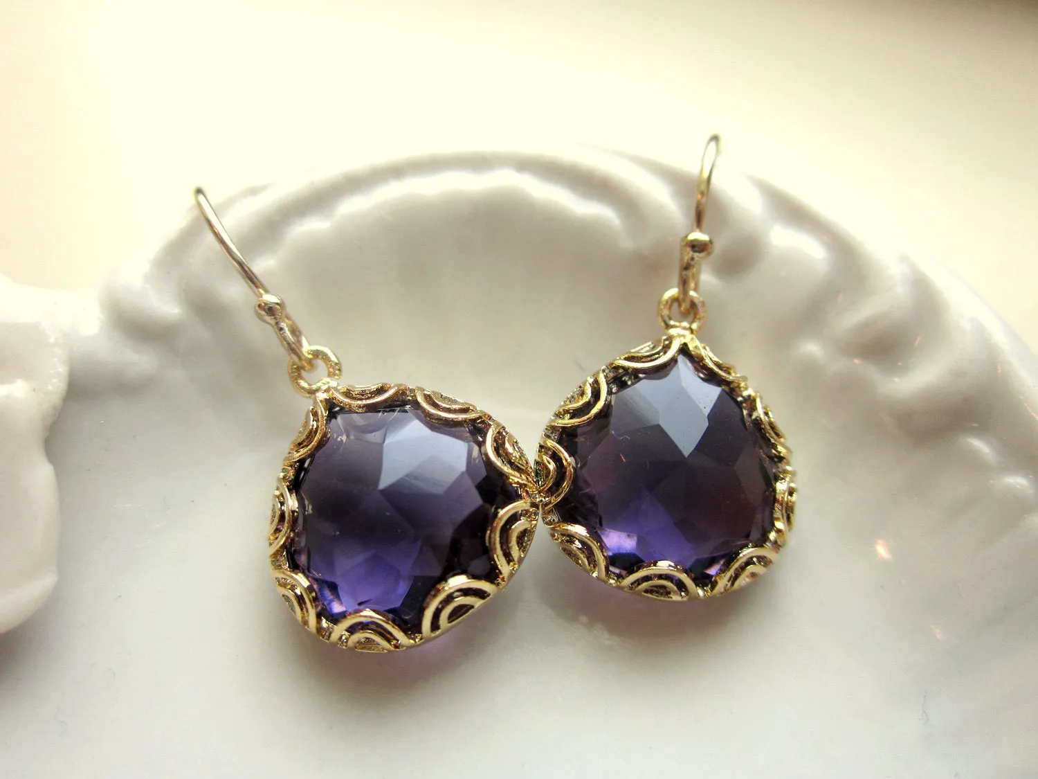 Gold Amethyst Earrings Purple - Pear Shape with Gold Design - Bridesmaid Earrings - Wedding Earrings