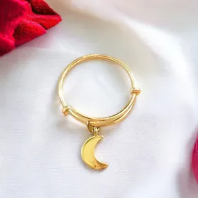 Gold Crescent Moon Expandable Charm Ring, Adjustable Gold charm dangle ring