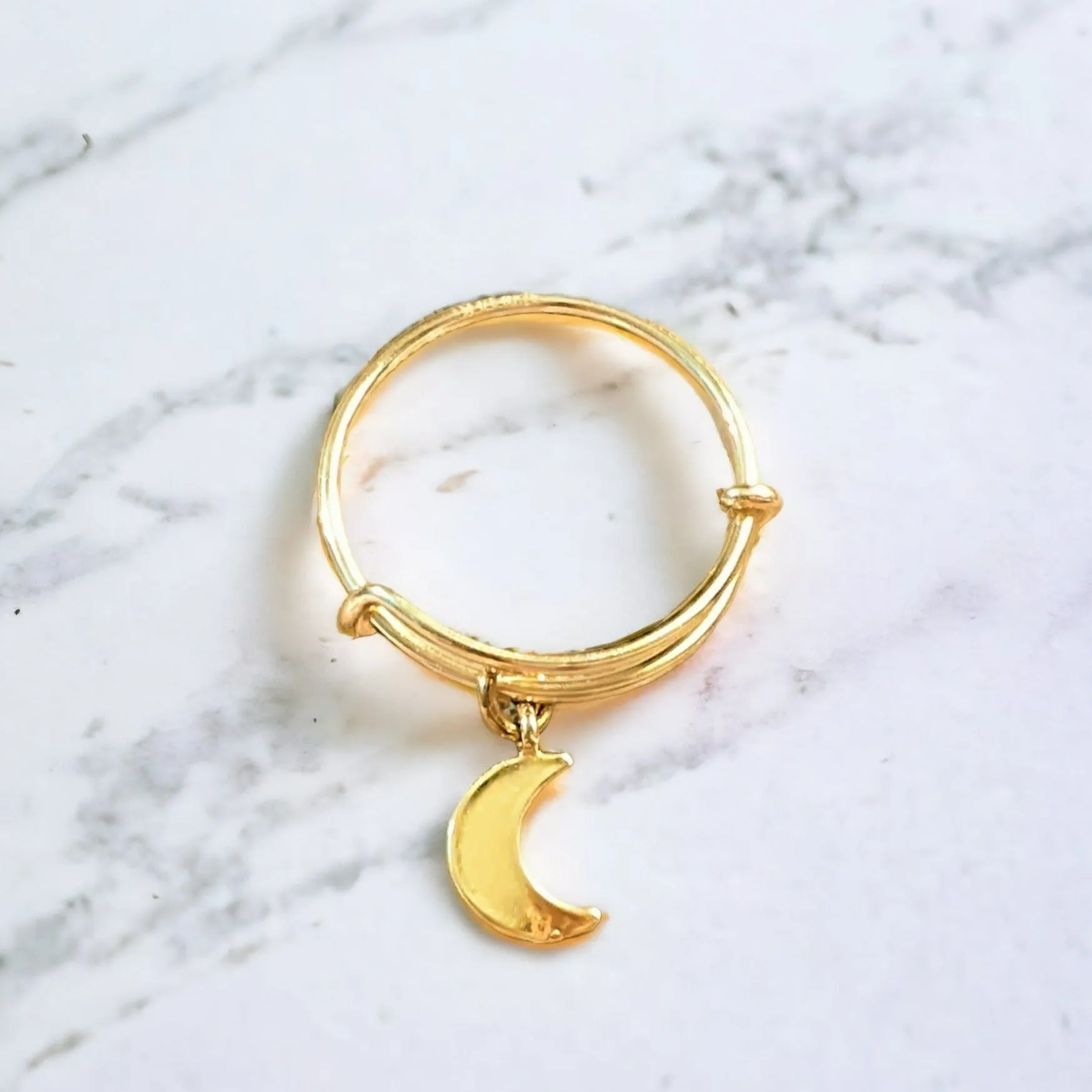 Gold Crescent Moon Expandable Charm Ring, Adjustable Gold charm dangle ring