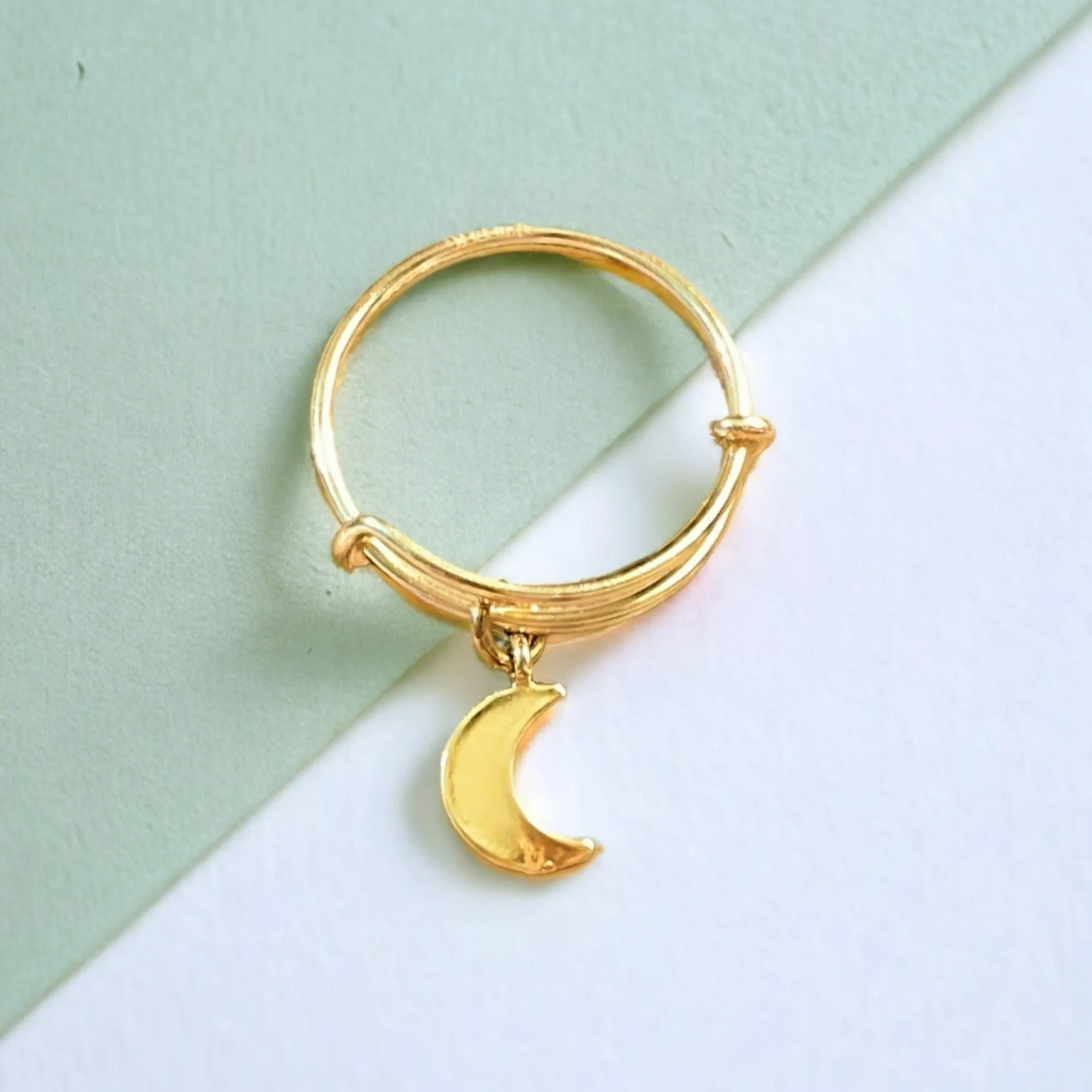 Gold Crescent Moon Expandable Charm Ring, Adjustable Gold charm dangle ring