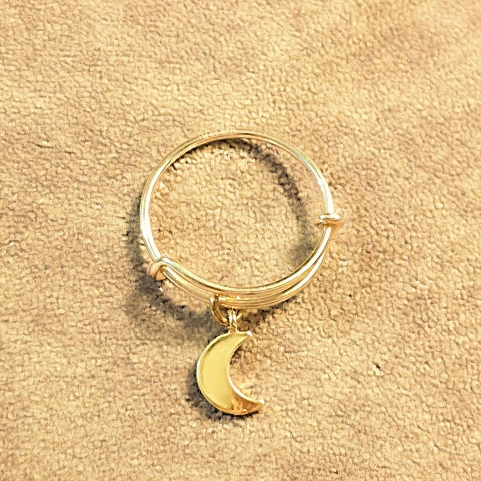 Gold Crescent Moon Expandable Charm Ring, Adjustable Gold charm dangle ring