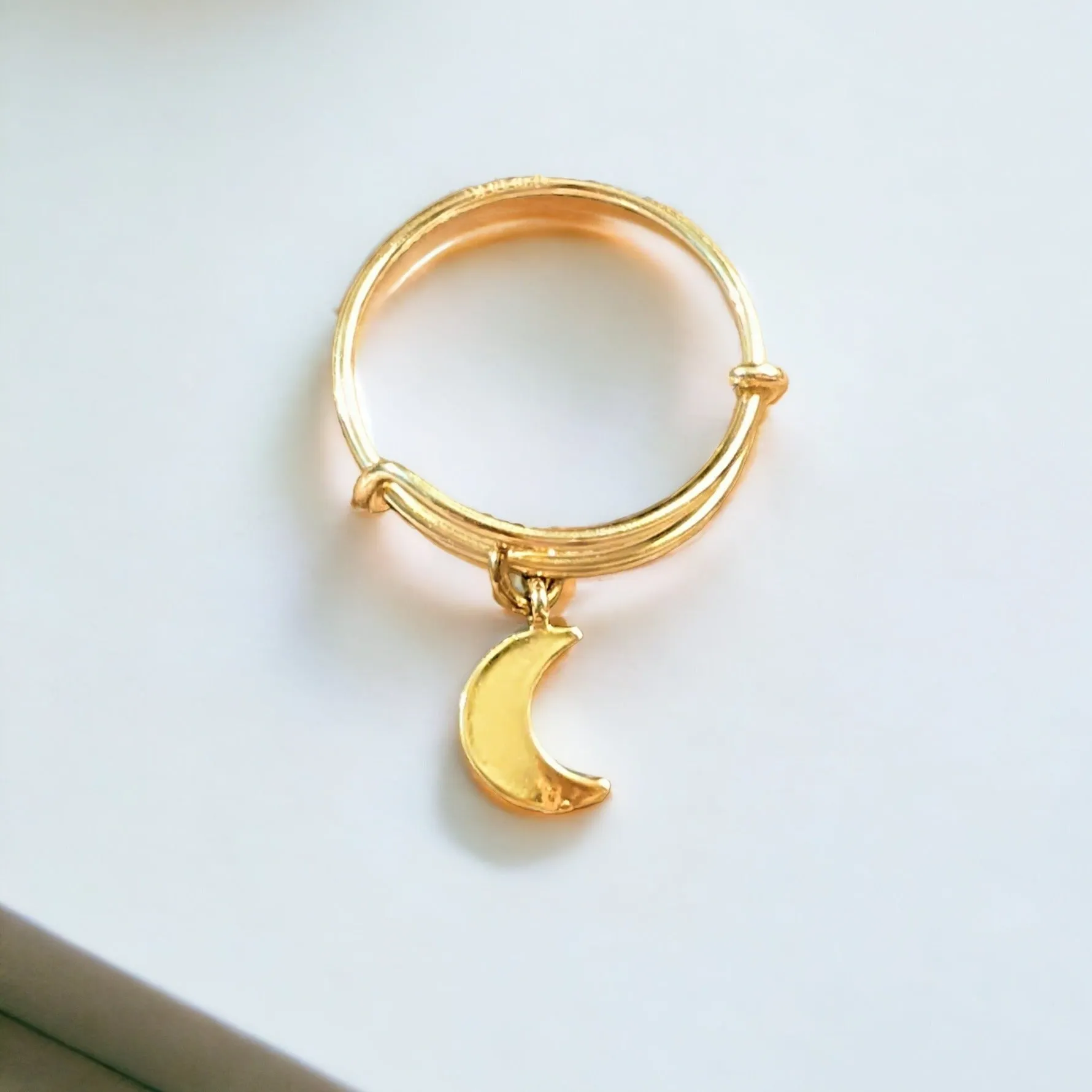 Gold Crescent Moon Expandable Charm Ring, Adjustable Gold charm dangle ring