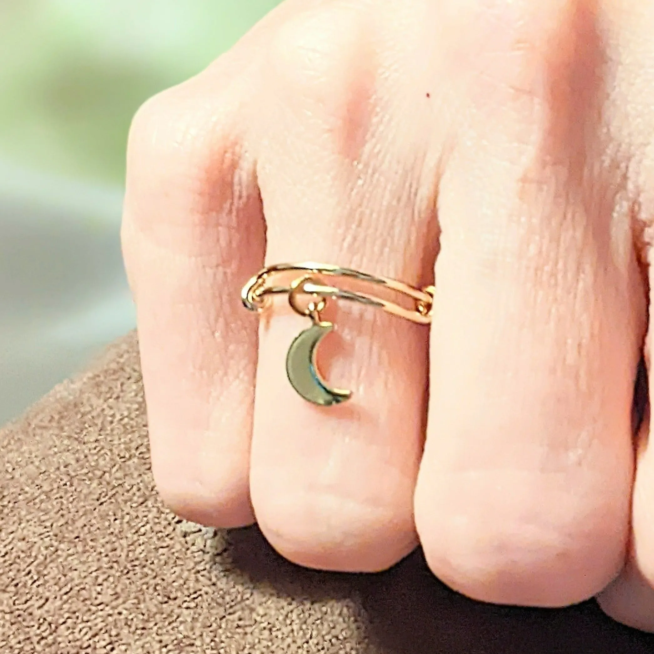 Gold Crescent Moon Expandable Charm Ring, Adjustable Gold charm dangle ring