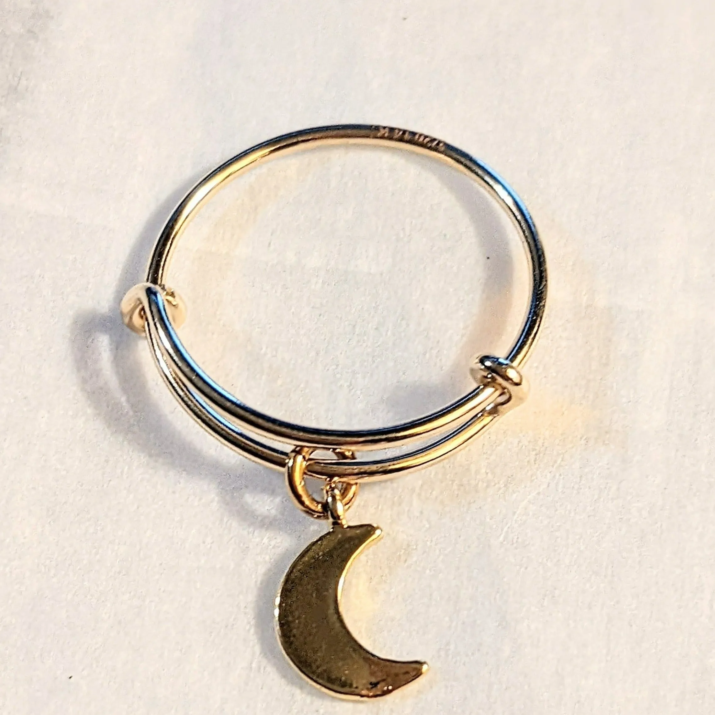 Gold Crescent Moon Expandable Charm Ring, Adjustable Gold charm dangle ring