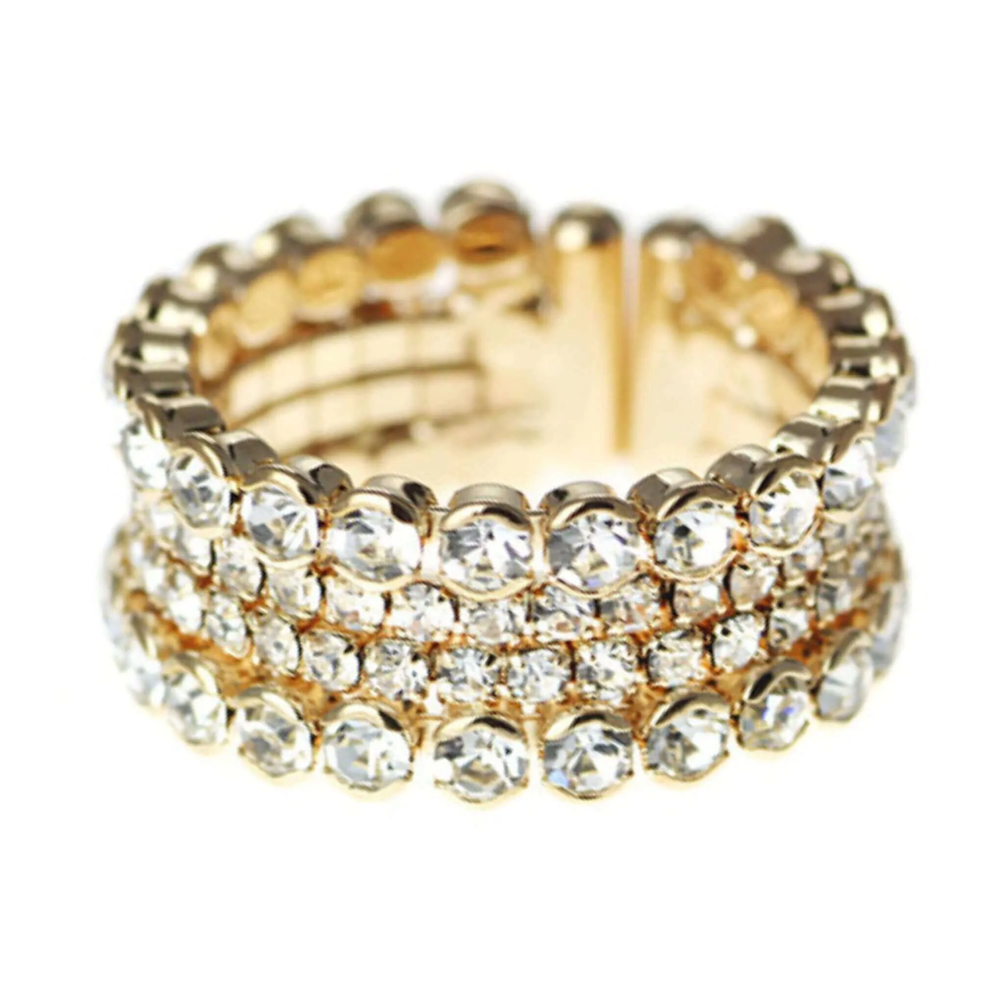 Gold Cuff Stretch Ring With Clear Rhinestones