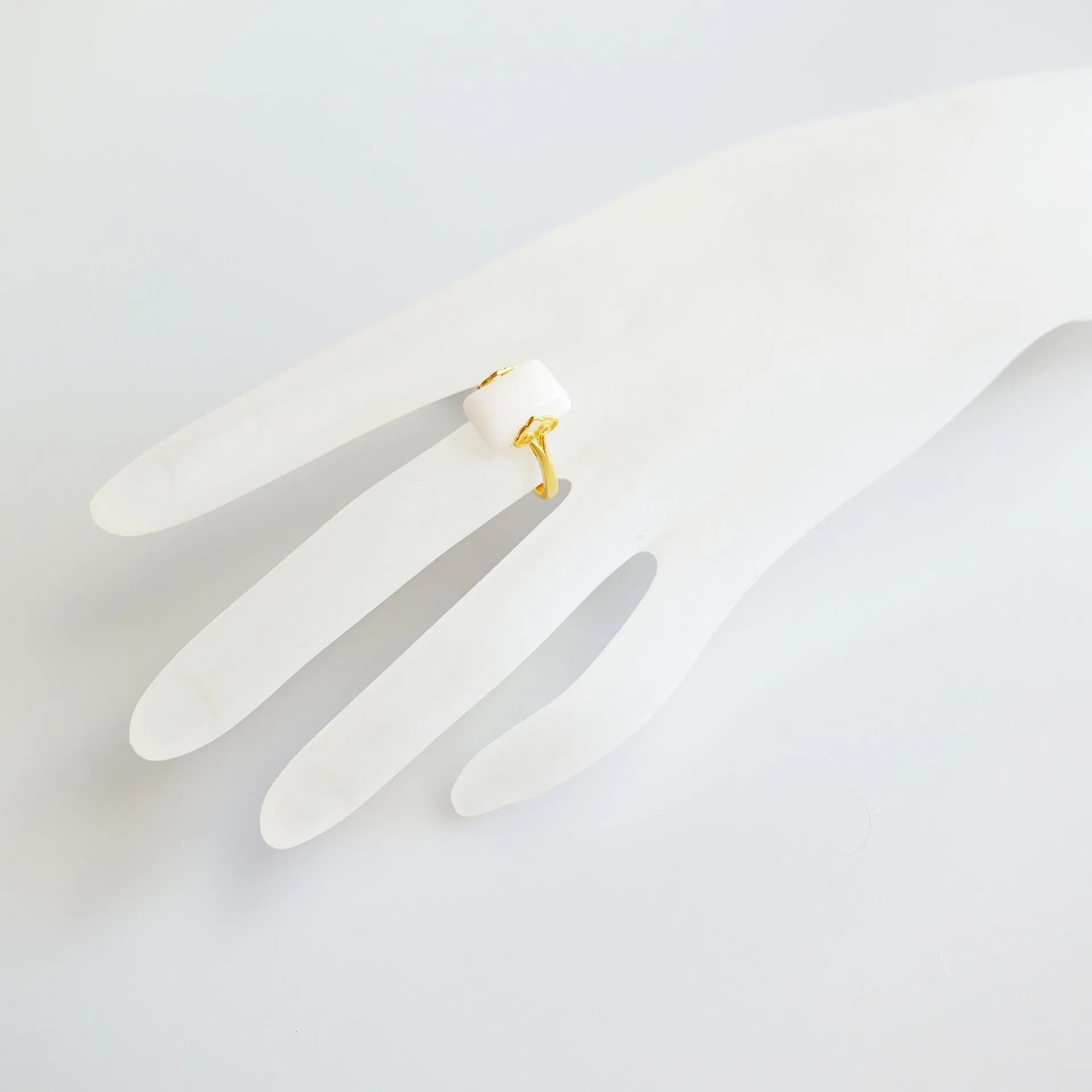 Gold Rectangle White Jade Ring