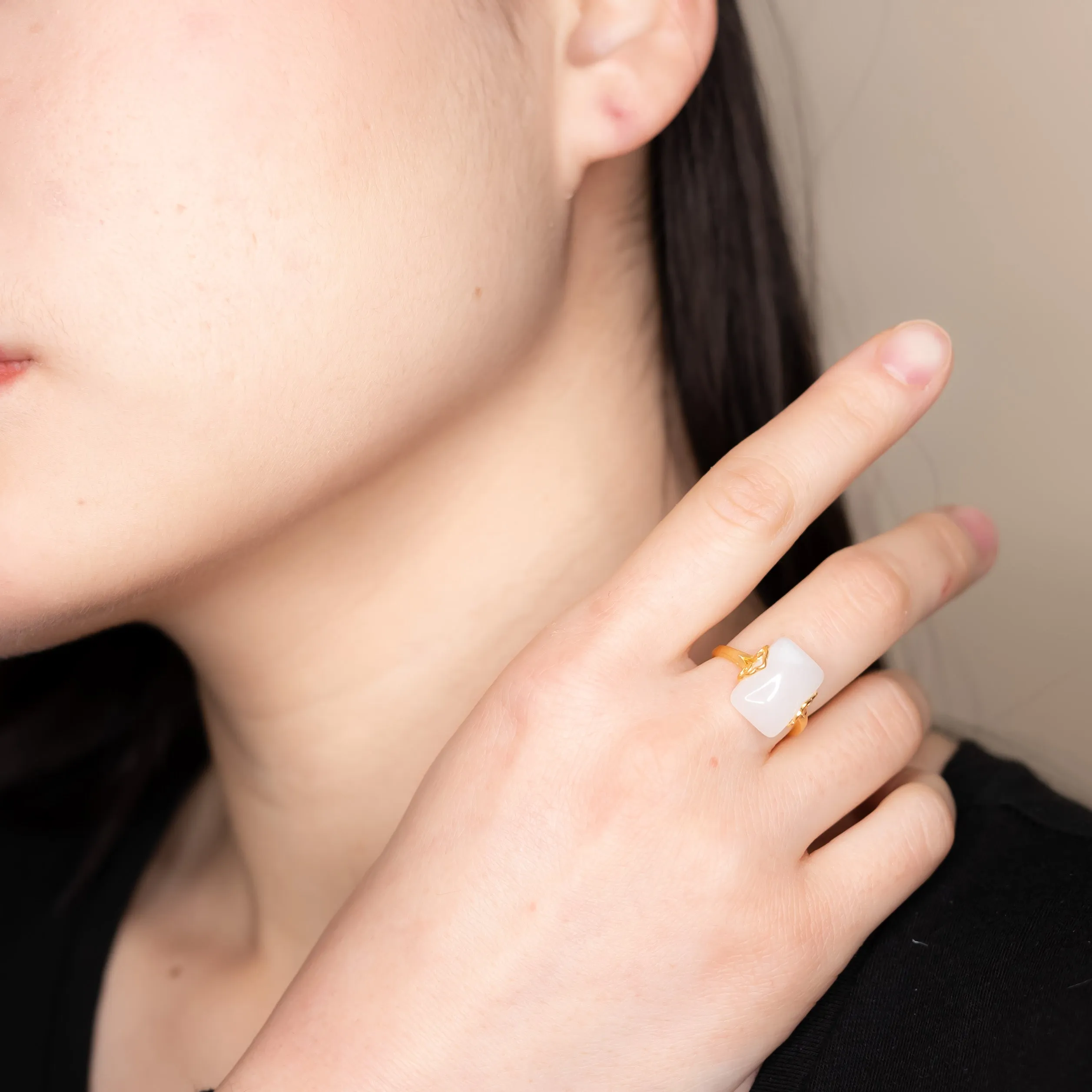 Gold Rectangle White Jade Ring