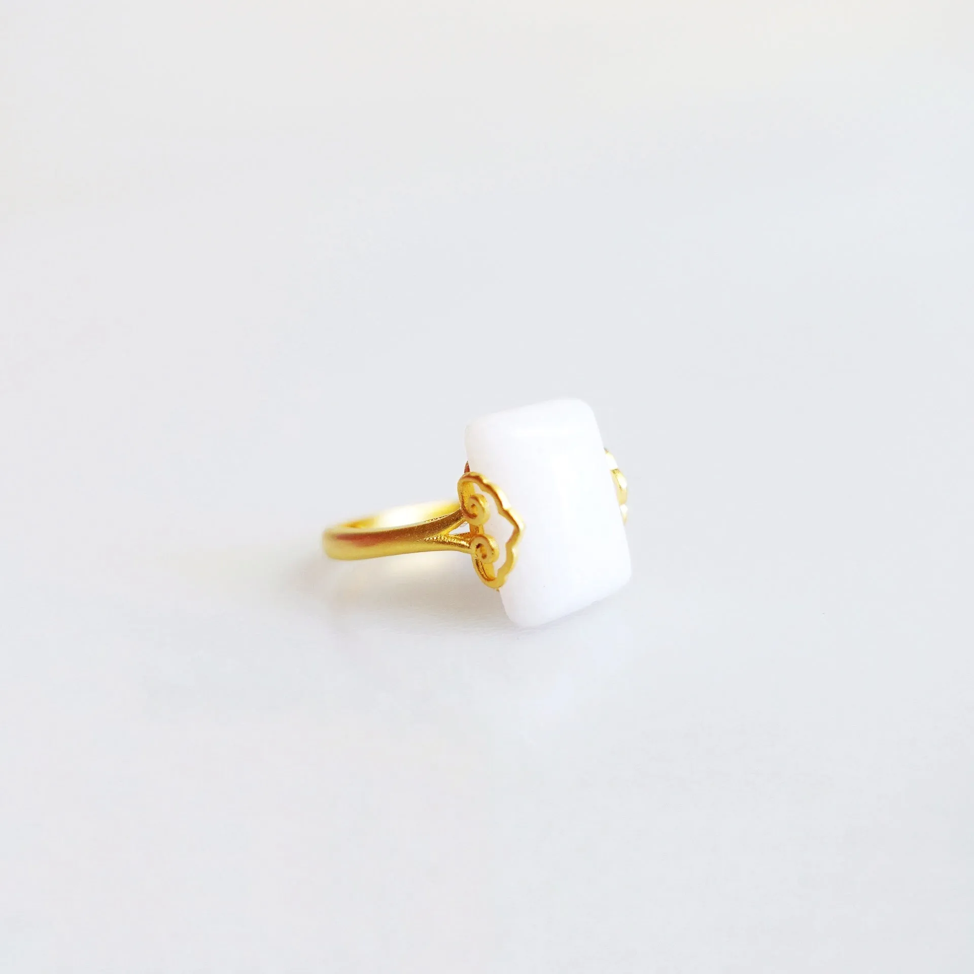 Gold Rectangle White Jade Ring