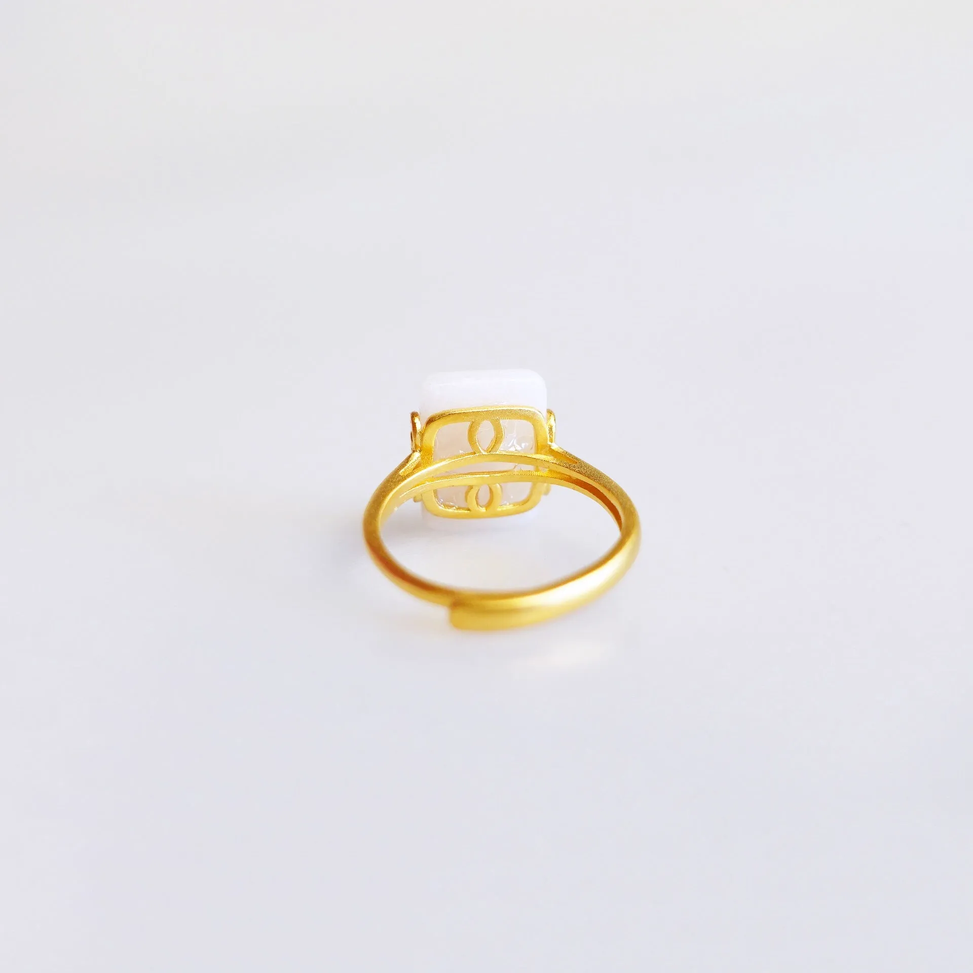 Gold Rectangle White Jade Ring