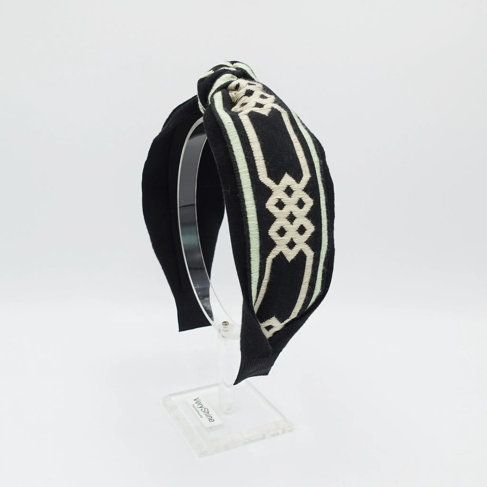 Greek Key pattern embroidery top knot headband