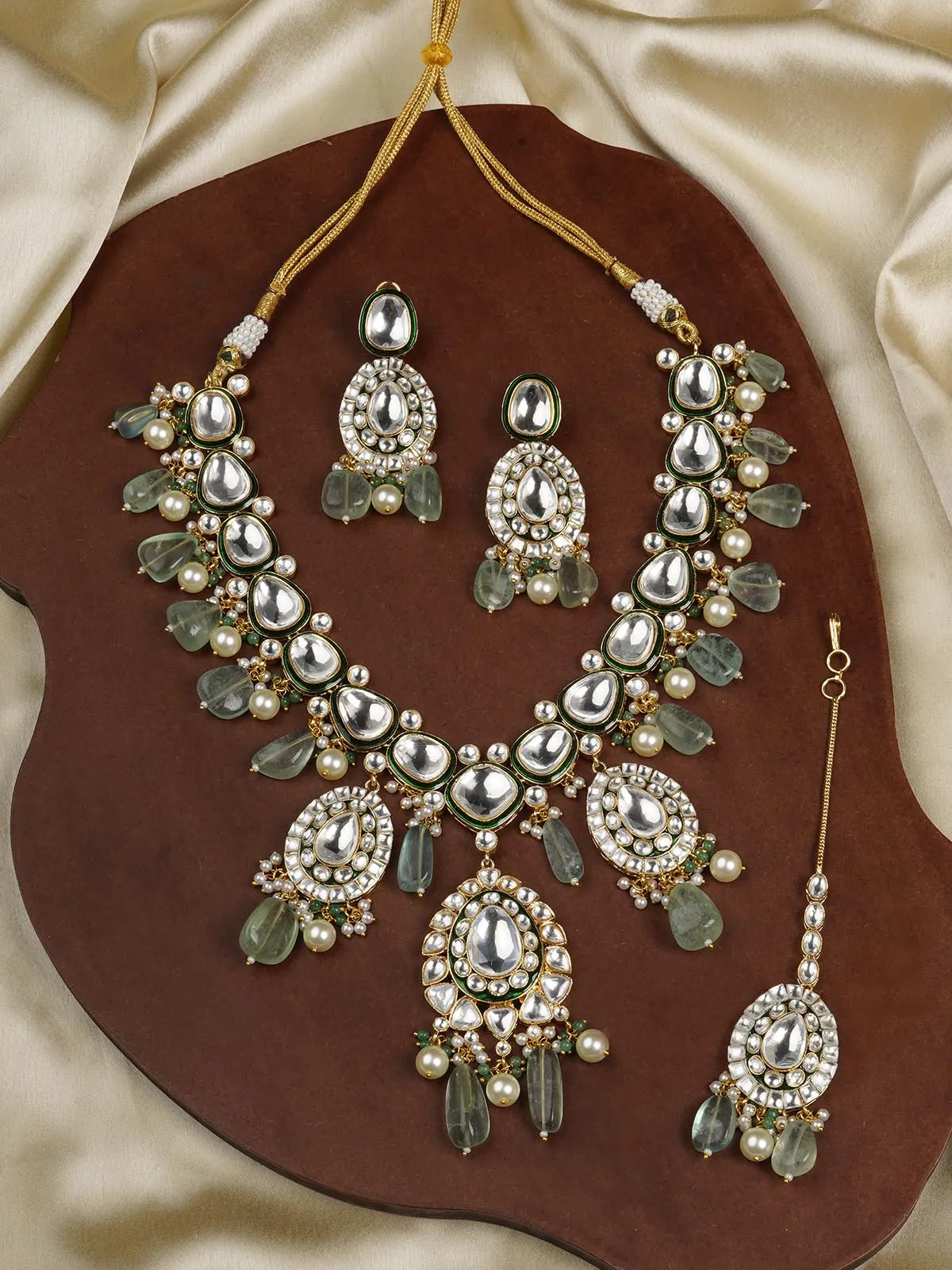 Green Color Gold Plated Faux Polki Bridal Necklace Set - PK-S3WGR